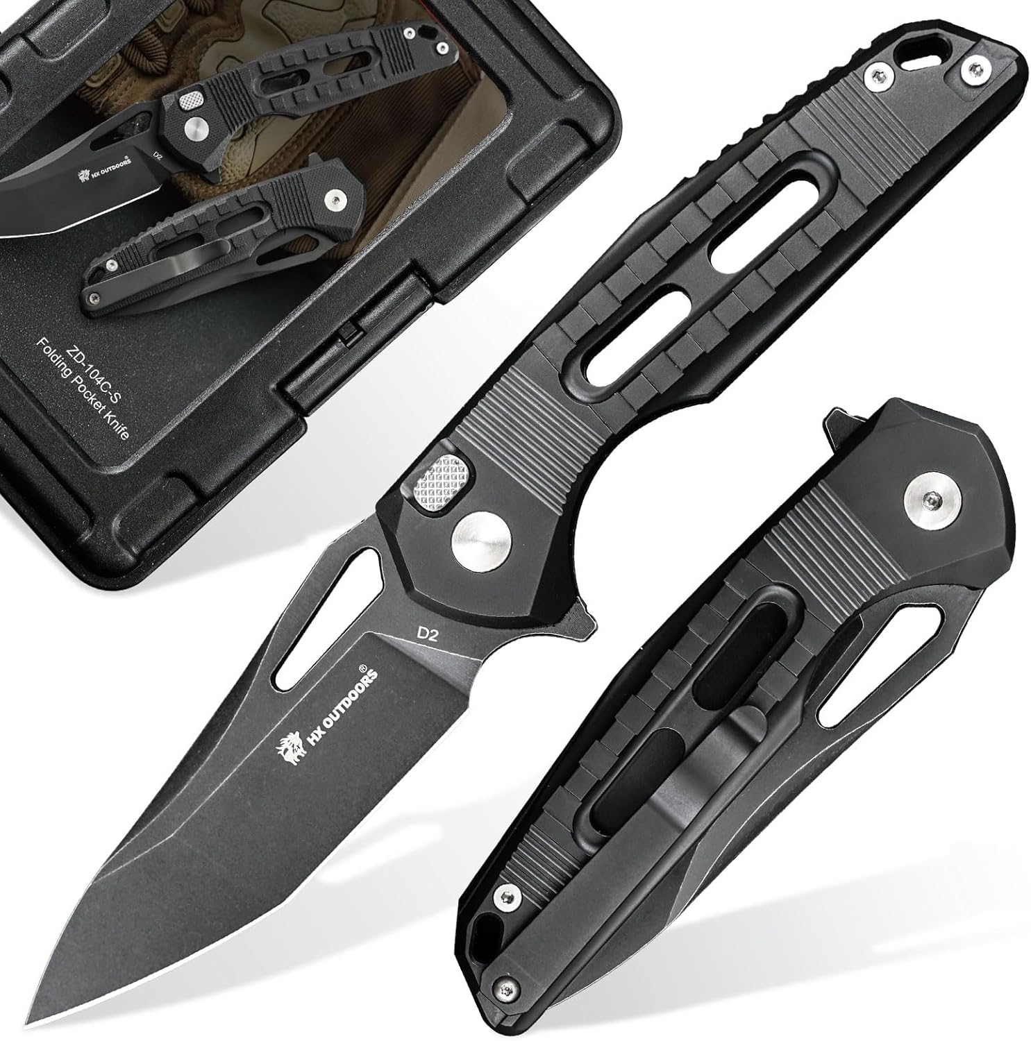 HX OUTDOORS Foldable EDC Pocket Knife, Premium D2 Steel Folding Knife with Non Slip Titanium Alloy Handle for Men，Outdoor, Survival, Camping, Hiking