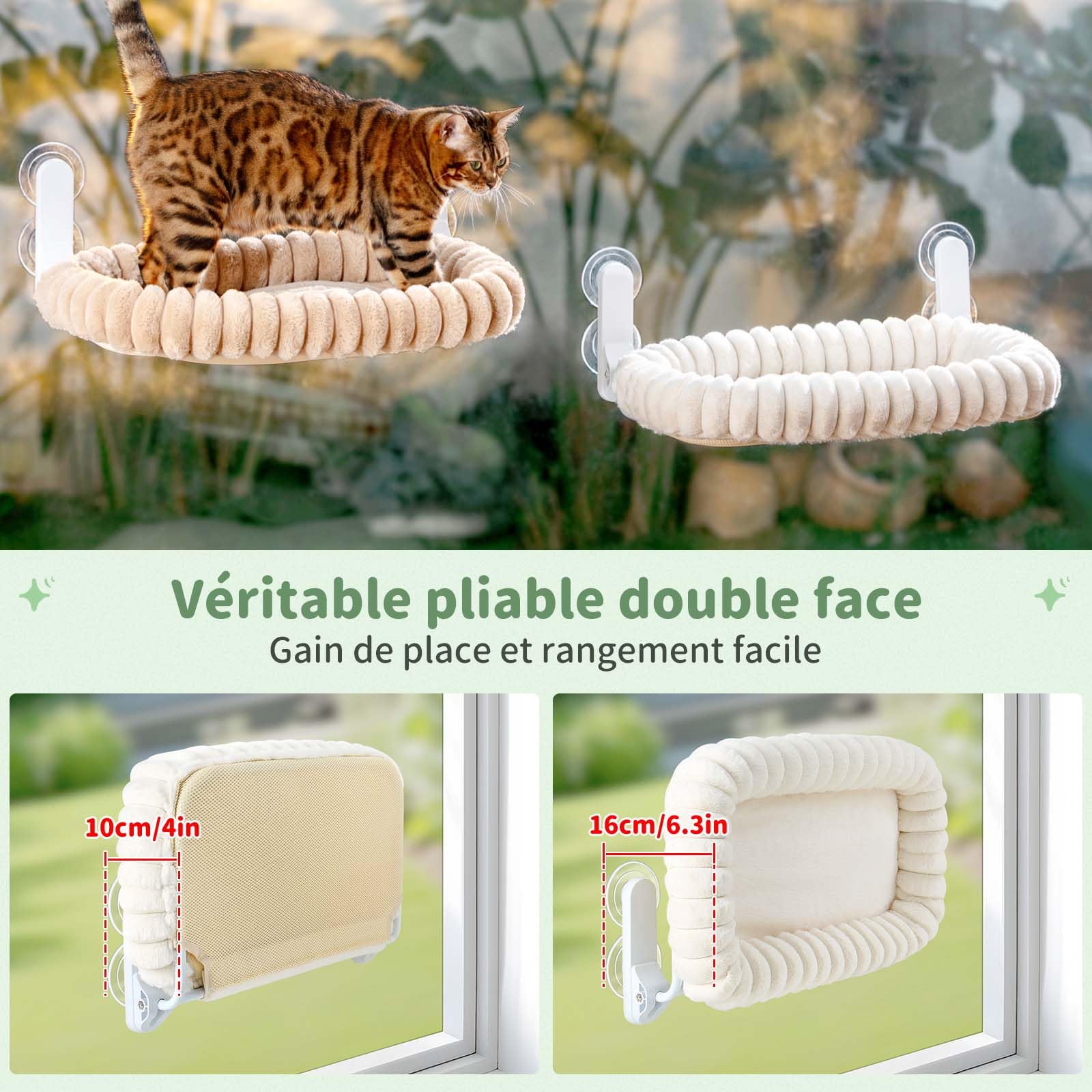 GUUSII HOME Hamac Chat Fenetre Pliable Panier Perchoir Suspendu Lit pour Petite et Grande Chats Ventouse Support Transat Etagere Coussin Chaise Interieur Tapis Réversible 54 * 30cm (Blanc, M)