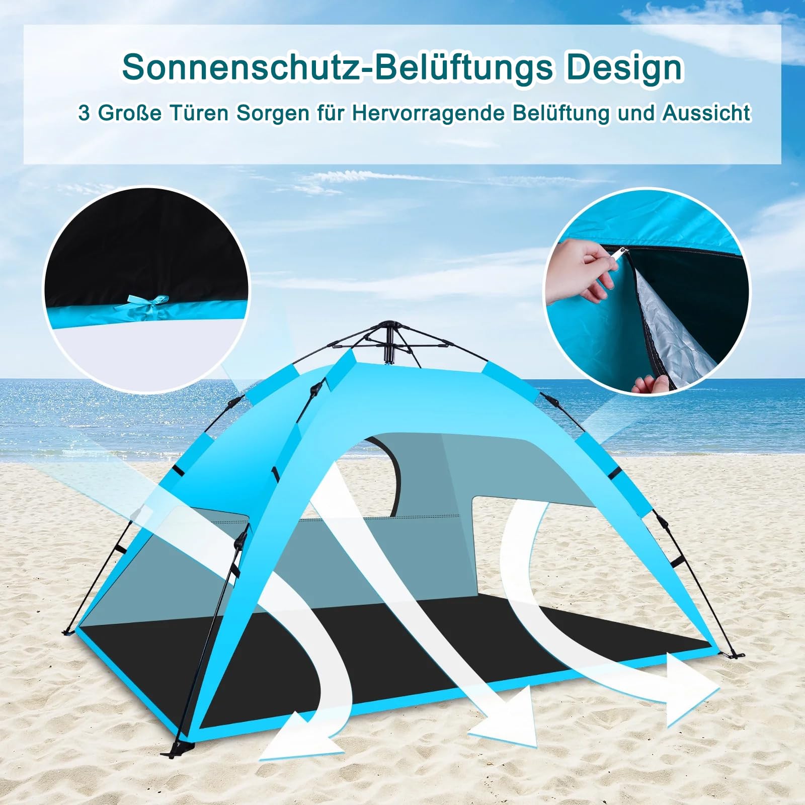 Strandmuschel, Automatisches Instant Pop Up Strandzelt, Leicht, UV-Schutz UPF 50+ Windschutz Strandzelt für Strand, Familie, Garten, Camping, Picknicks