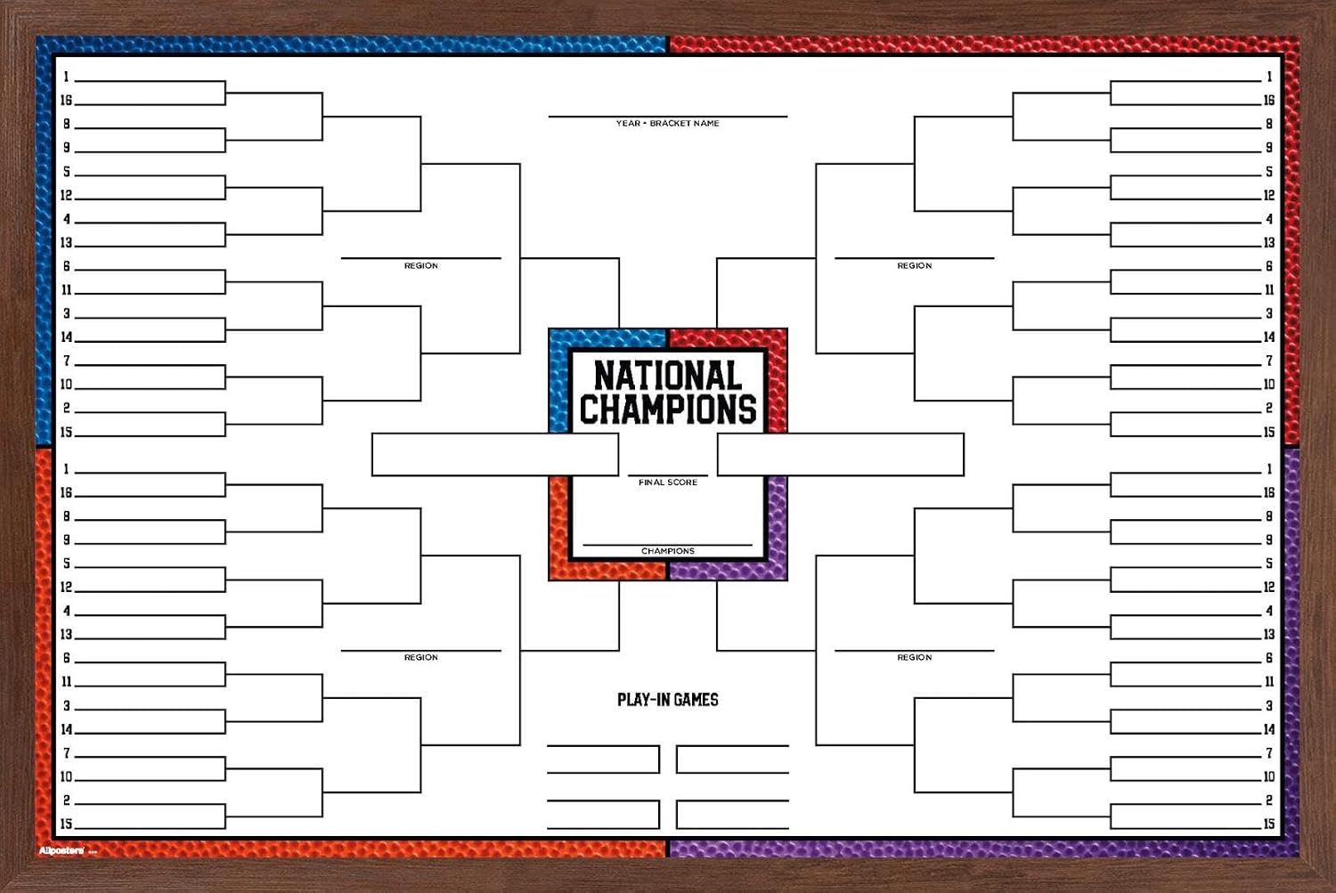 Trends International Collegiate - 68 Team Bracket Wall Poster, 34L x 22.4W, Mahogany Framed Version