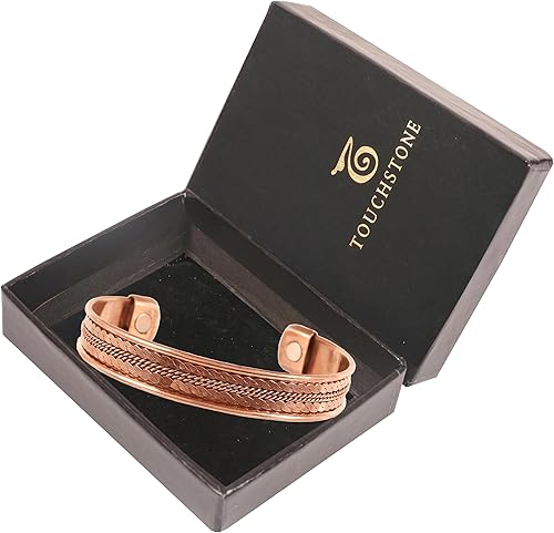 Miniatura 6 de Touchstone Pulsera magnética de cobre estilo tibetano forjado a mano con cobre puro sólido y de alto calibre. Delicada incrustación de latón.