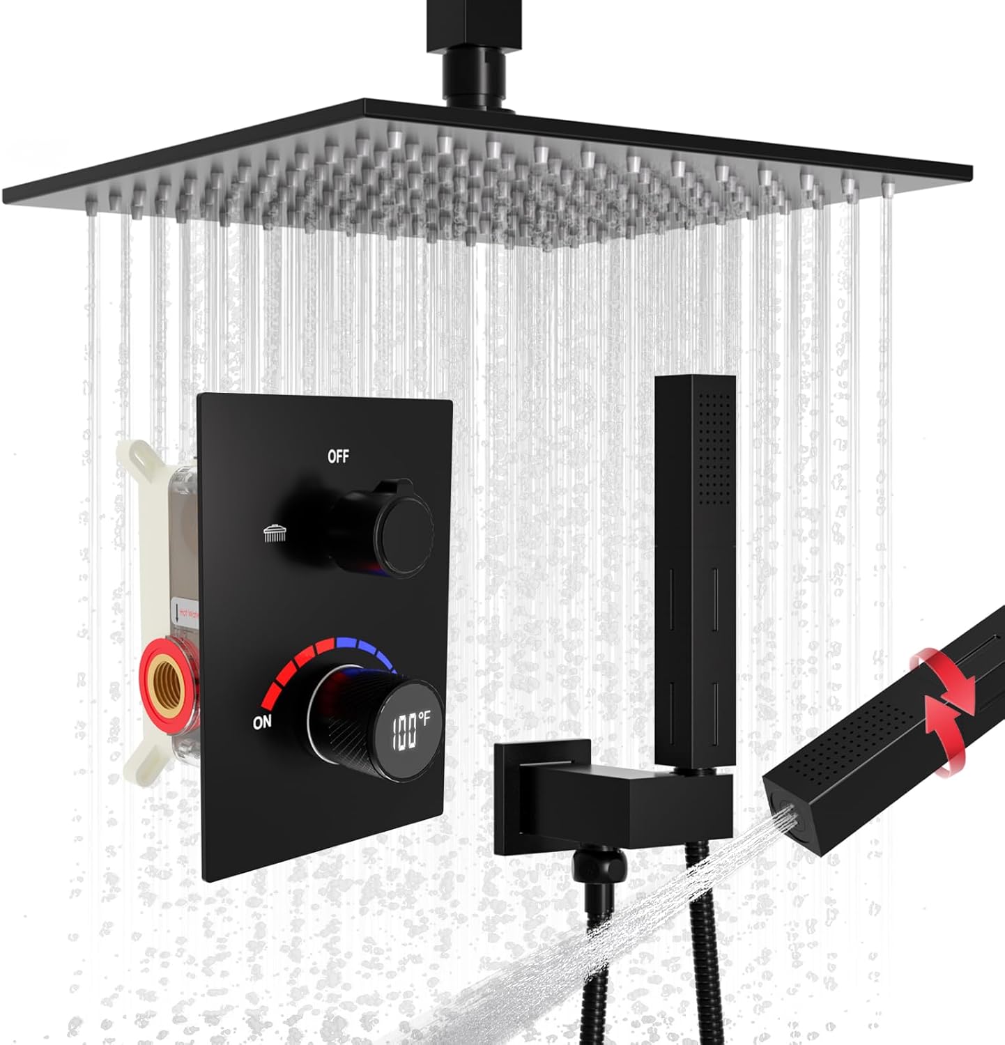 Shower Faucet Set with Hydro Power Temperature Display Digital Valve, Matte Black Shower Fixtures Ceiling Mounted Shower System 10 Inch Rain Shower with Dual Function Handheld Spray
