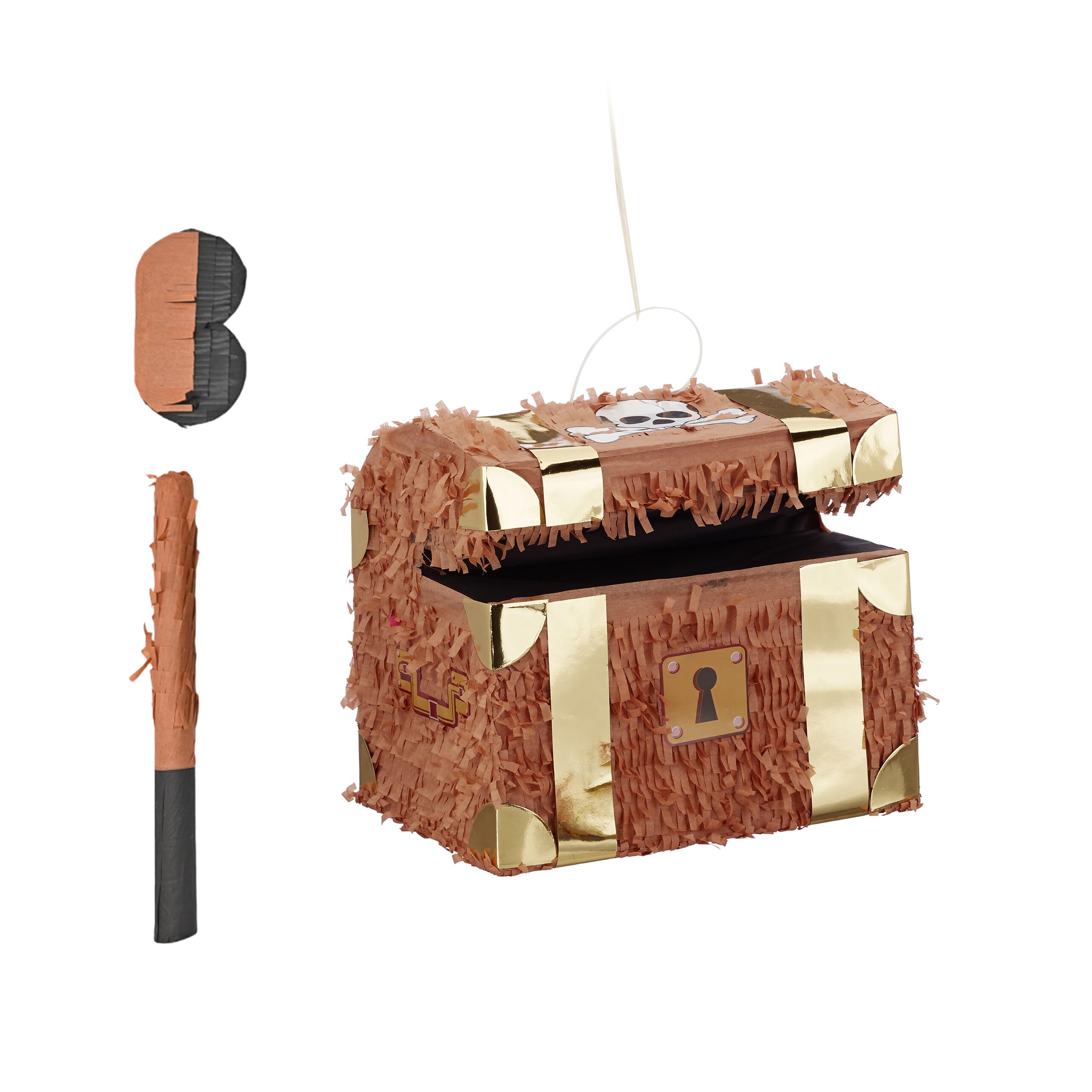 Relaxdays Piñata Scrigno del Tesoro con Bastone, Maschera e Misure 27x30x23 cm, Marrone