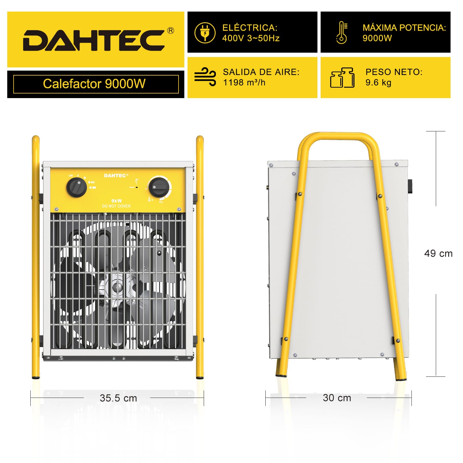 Calefactor Eléctrico 9000W - Calentador Portátiles Industriales - Termostato y Protección contra Sobrecalentamiento - Apto para Construcción, Garaje e Invernadero
