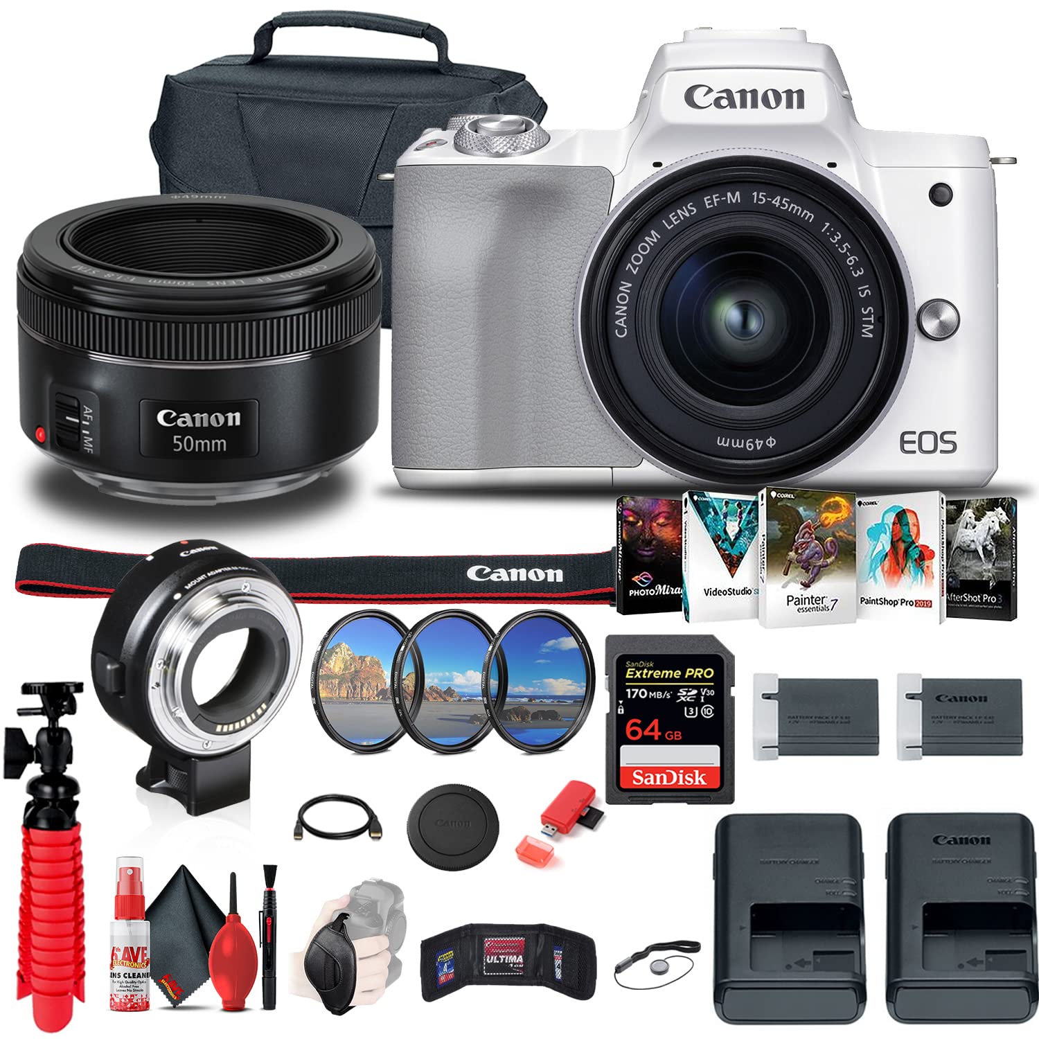 Canon EOS M50 Mirrorless Digital Camera with 15-45mm Lens (White) (2681C011) + Canon EF-M Lens Adapt