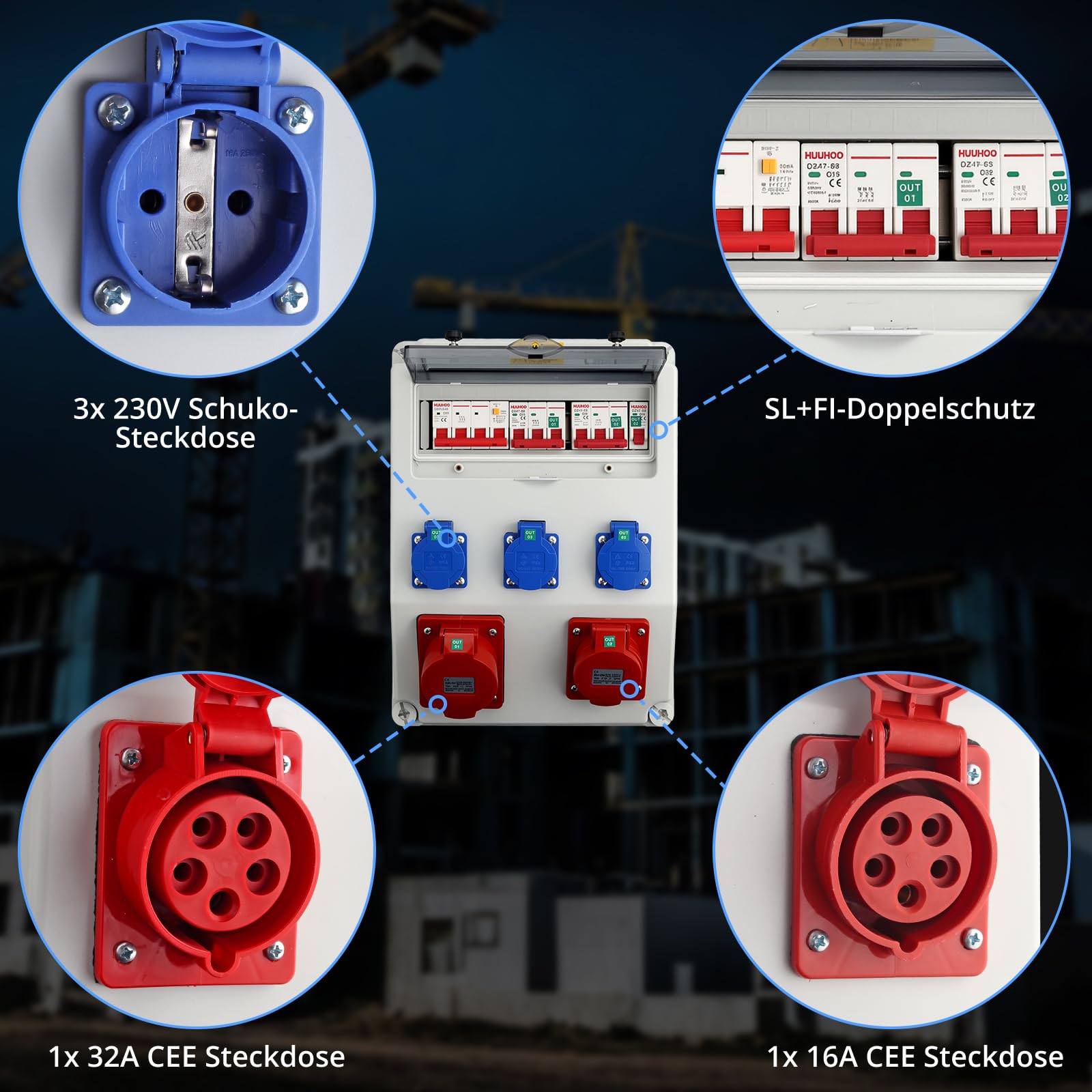 CAMWAY Baustromverteiler, Stromverteiler mit LS+FI, 3x 230V Schuko, 1x 16A/32A CEE- Steckdosen Professionelle Verdrahtung, IP66 Wasserdicht, Robuste ABS Verteiler für Innen & Außen Baustellen Garagen