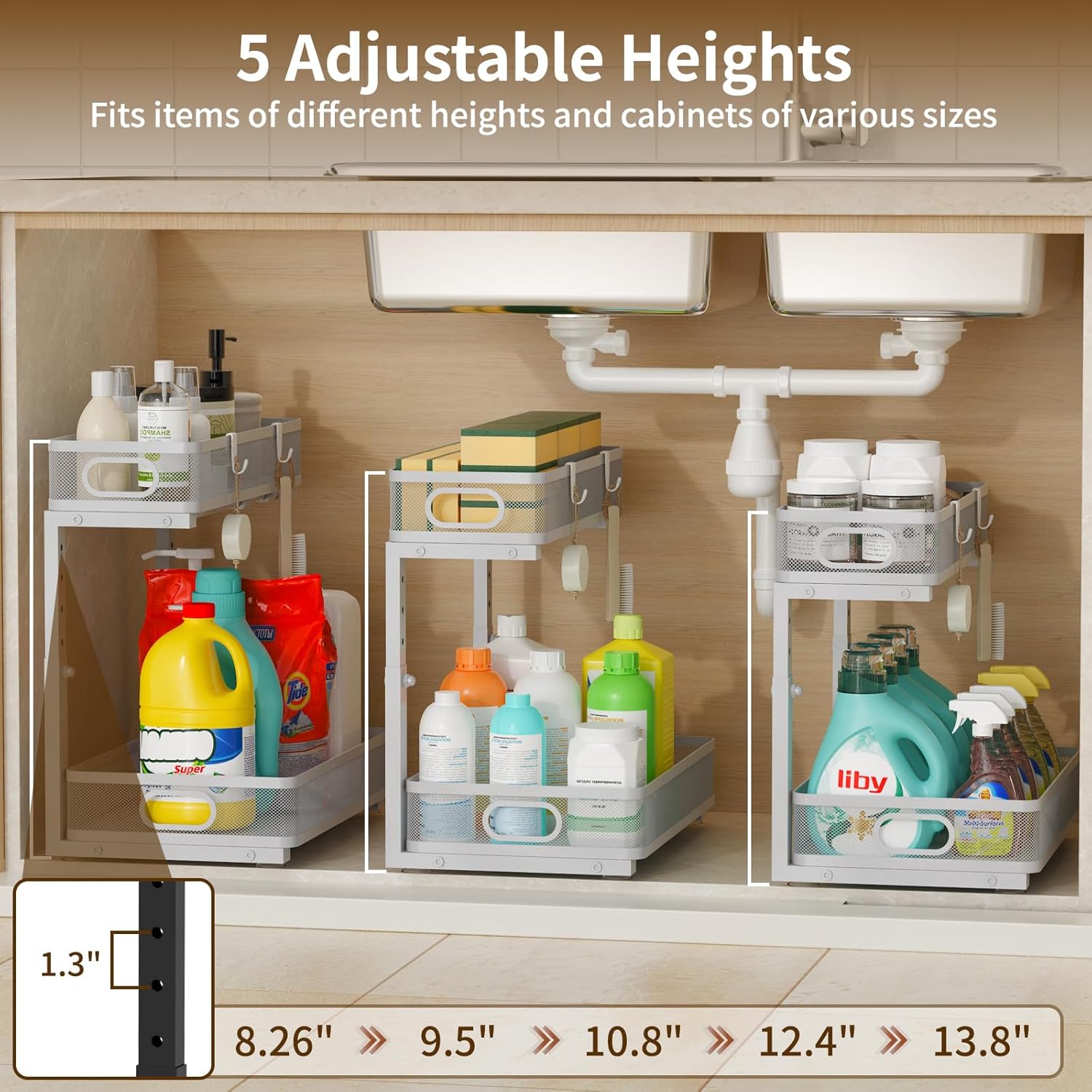 Under Sink Organizer 1 Pack, 2-Tier Slide Out Cabinet Organizer with Metal Sliding Drawer and Hooks, Pull Out Storage Baskets for Kitchen Bathroom Pantry Cabinet Organization (Gray (1 pack))