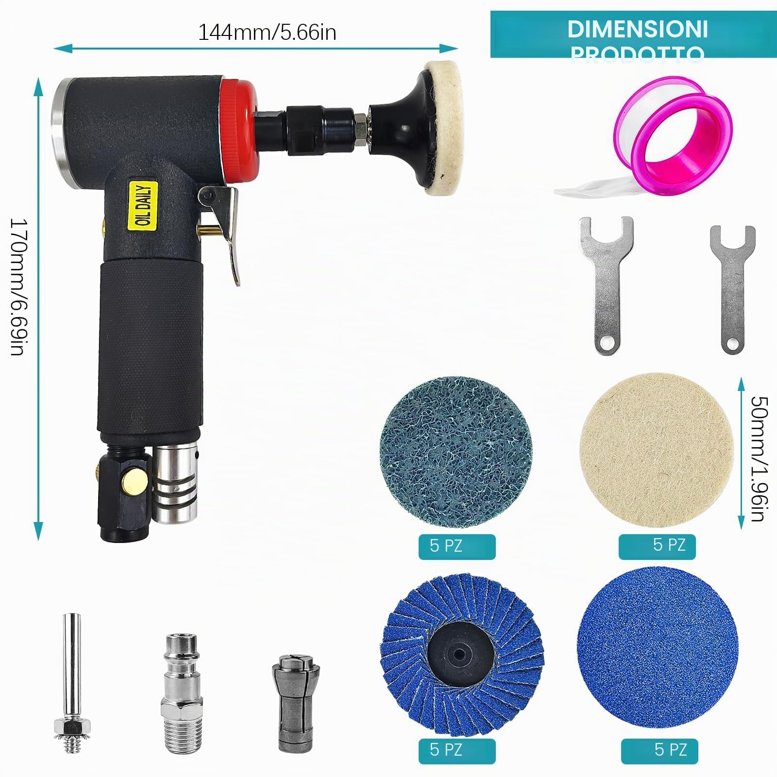 Mini Lucidatrice Auto, Mini Smerigliatrice Angolare Pneumatica con Mandrino a Pinza da 6 mm e 3 mm, Include Carteggiatrice e Mini Levigatrice con Set di 20 Dischi da 2 Pollici a Cambio Rapido