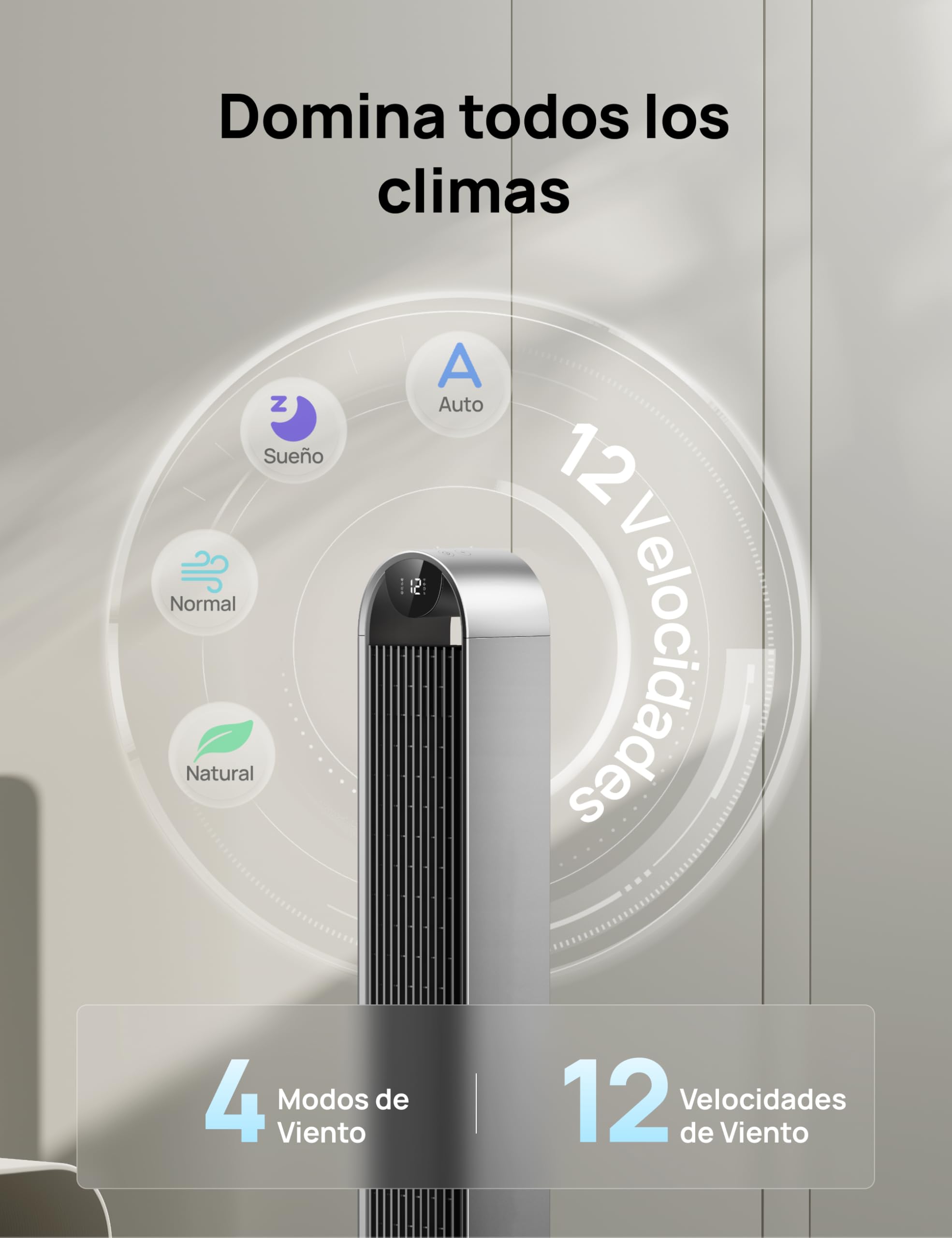 Dreo 25dB Ventilador de Torre con Mando a Distancia, Silencioso de 8.53 m/s de Velocidad, Oscilante de 120° con 12 Velocidades, 4 Modos, Temporizador de 12 horas, Ventilador de pie, Potencia 36W