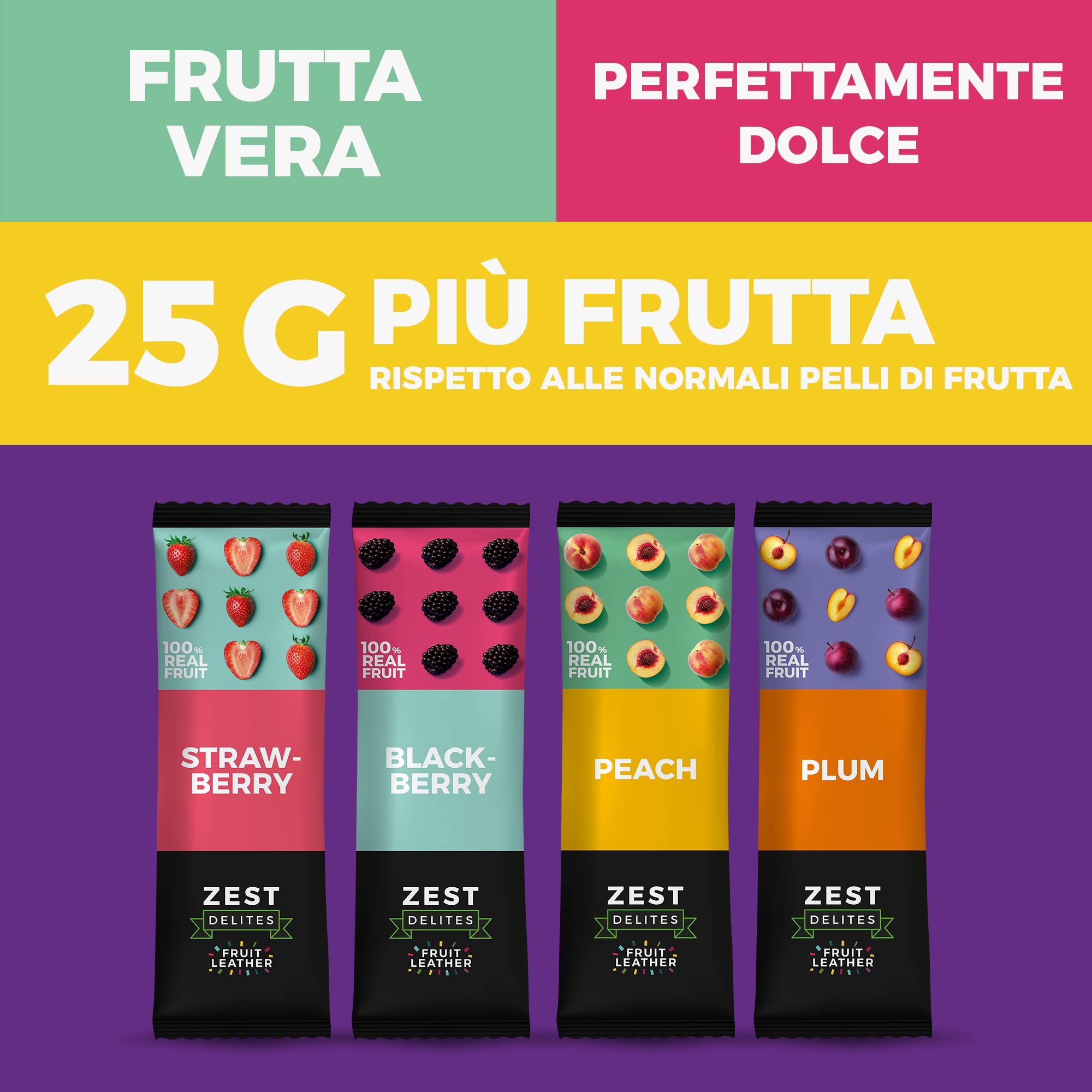 Zest Delites Snack Dolci in Pelle di Frutta, Merendine Senza Glutine, 36 Pack, Fragola, Mora, Albicocca e Prugna, Barrette Energetiche Ciclismo, Frutta Secca Mix, Snack Monoporzione, 36x25g