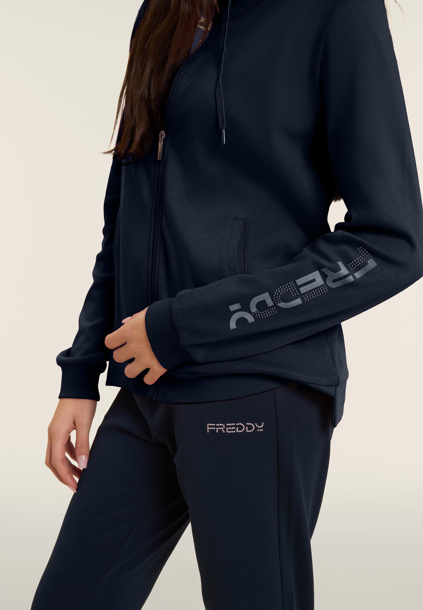 FREDDY - Tuta Donna in Cotone Interlock con Felpa Full Zip e Collo Alto - Logo Glitter Olografico e Perline Rosa - Tute Sportive
