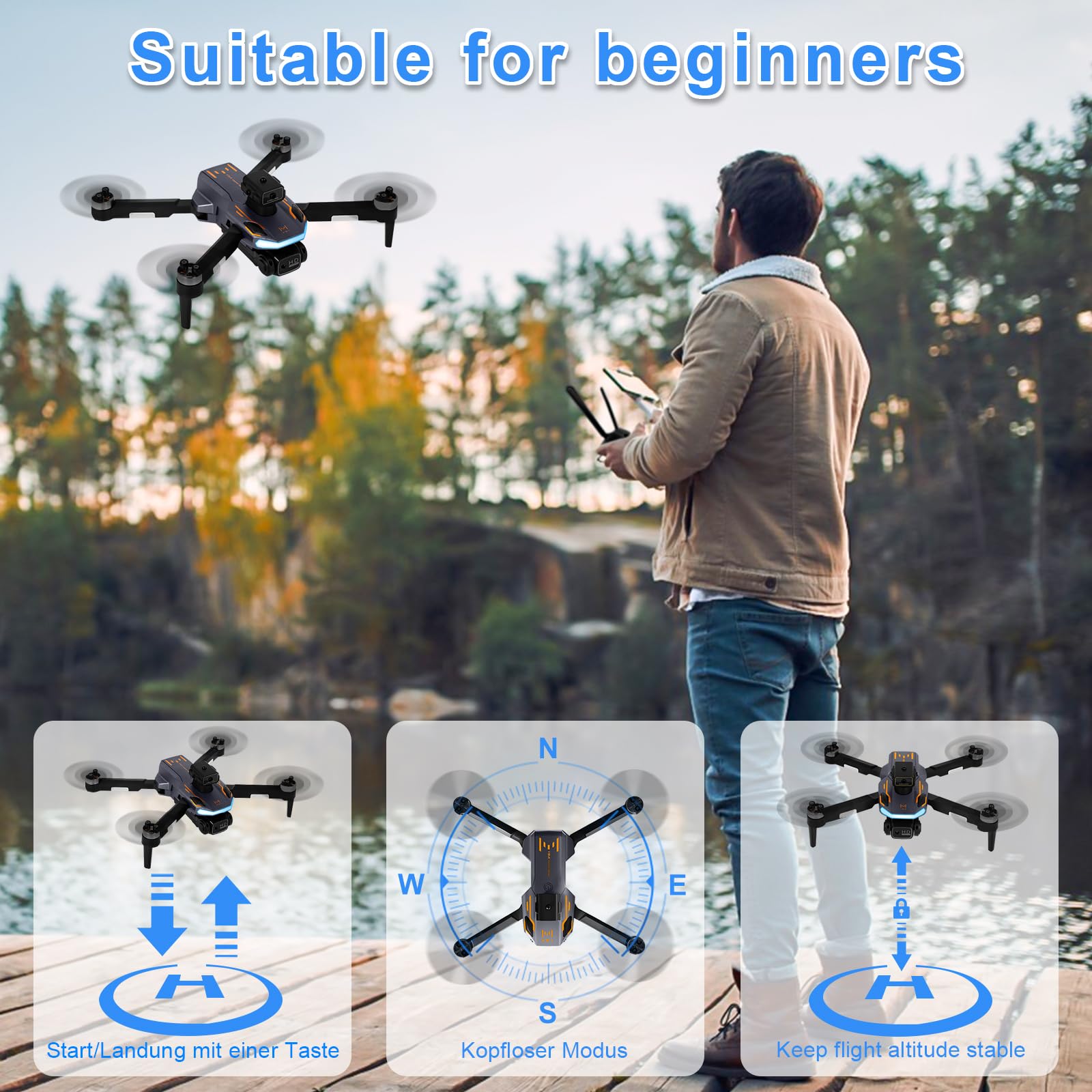 Drone z kamerą 4K EIS, 62 minuty lotu, poniżej 249 g, transmisja FPV 4KM, maks. 16 m/s, Follow-Me/Return, Quadrocopter RC dla początkujących i dorosłych