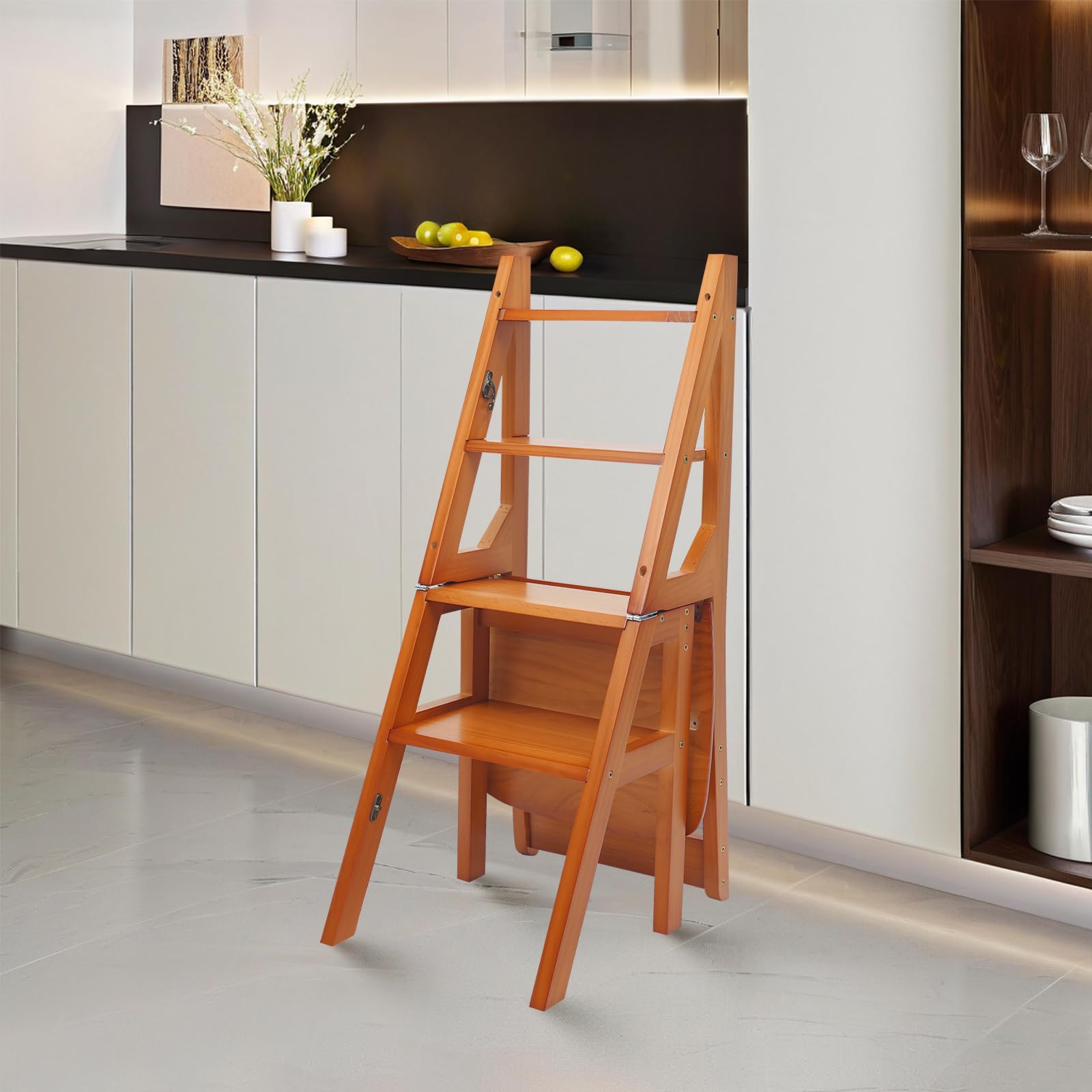 Silla escalera plegable de 4 peldaños, taburete convertible, silla escalera de madera, taburete plegable, escalera multifuncional, capacidad de carga de 100KG, para dormitorios, despensas, balcones