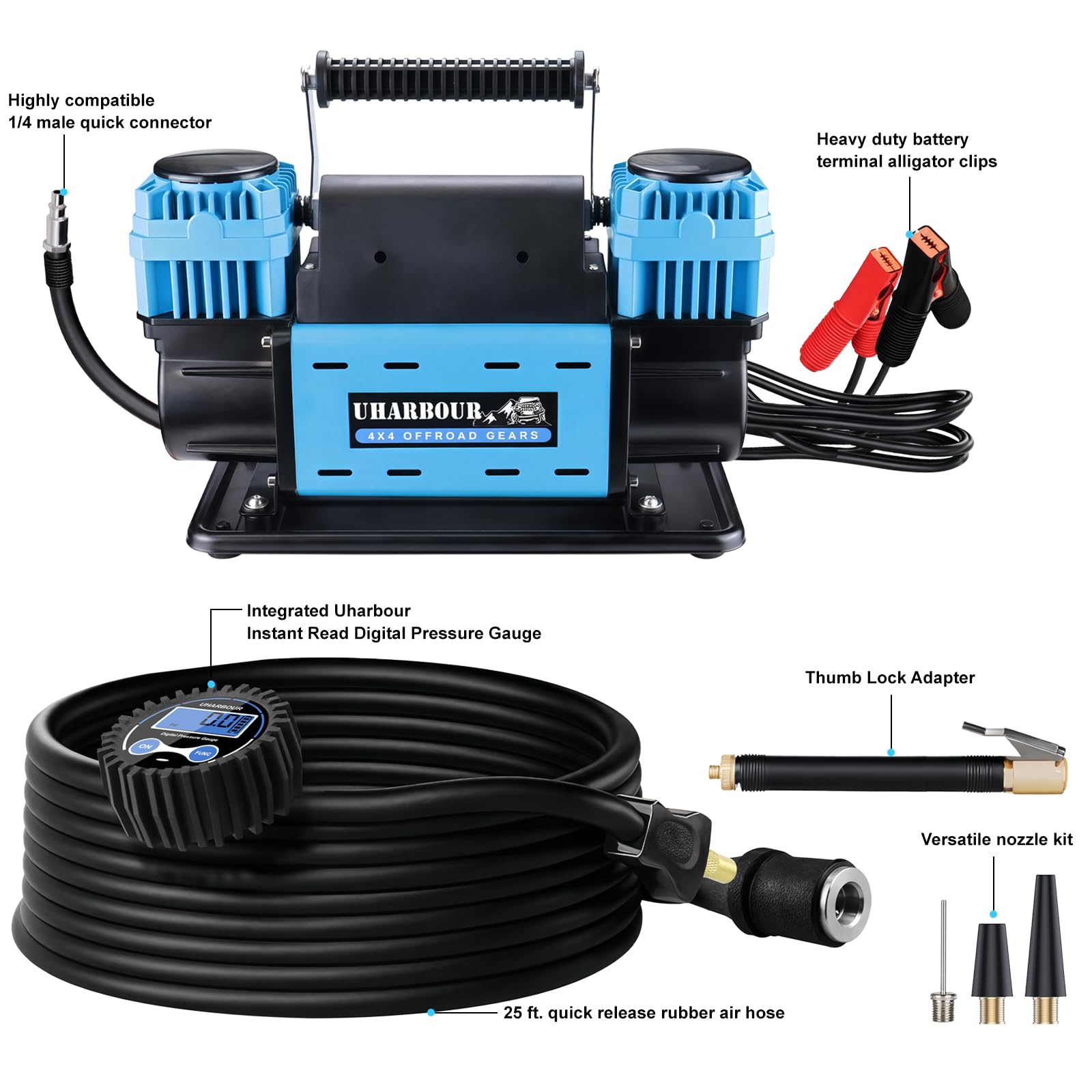 Uharbour Compresor de aire todoterreno de 12 V con manómetro digital, compresor de aire todoterreno de 12 voltios, resistente, viene con bolsa de transporte