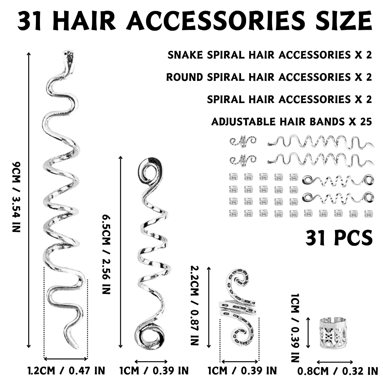 LUFFLOK 31 Pieces Silver Hair Locs, Adjustable Hair Rings and Charms for Dreadlocks Braids Metal Hair Clips - Image 2