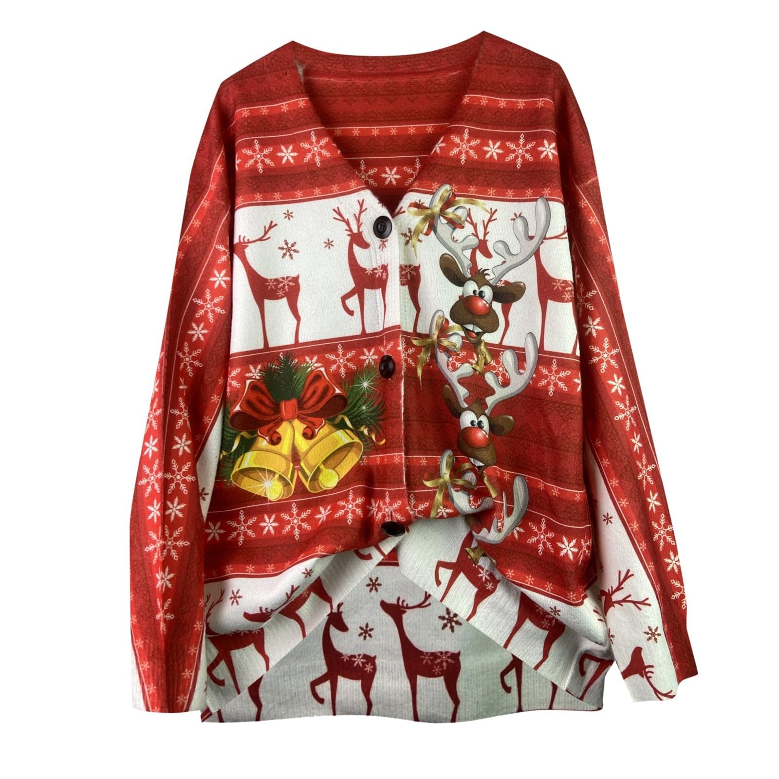 レディース プラスサイズ クリスマスセーター Vネック ボタンアップ