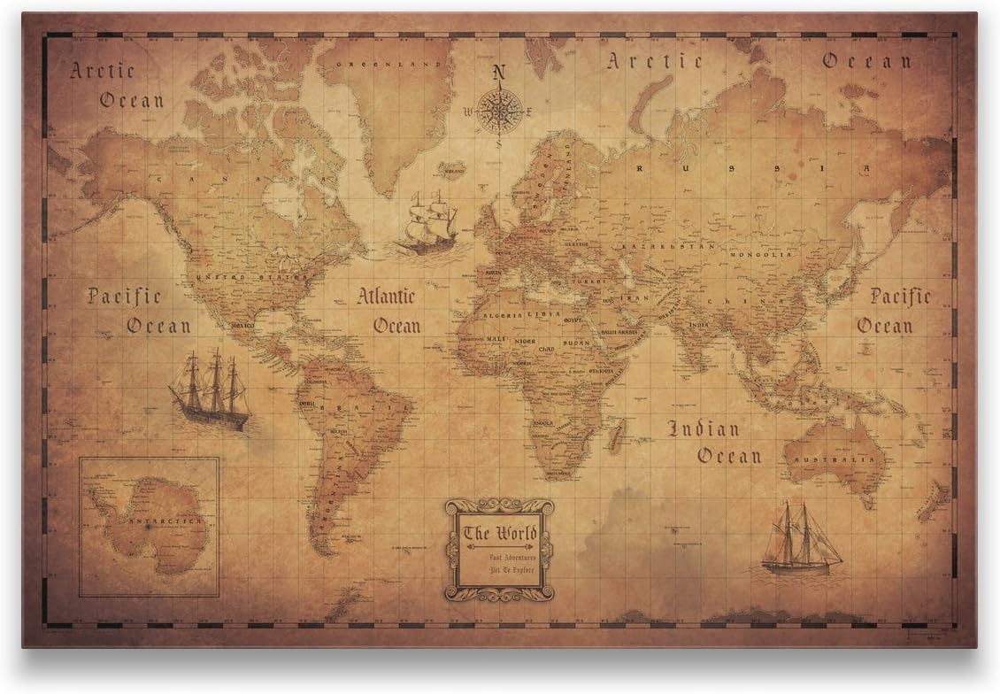 Map of the World Poster - Conquest Maps - Antique Vintage Map style-Travels & Adventures! Quality matte paper - pirate style world treasure map - City/State/Country Labels - 2015 Data (36 x 24 Inches)