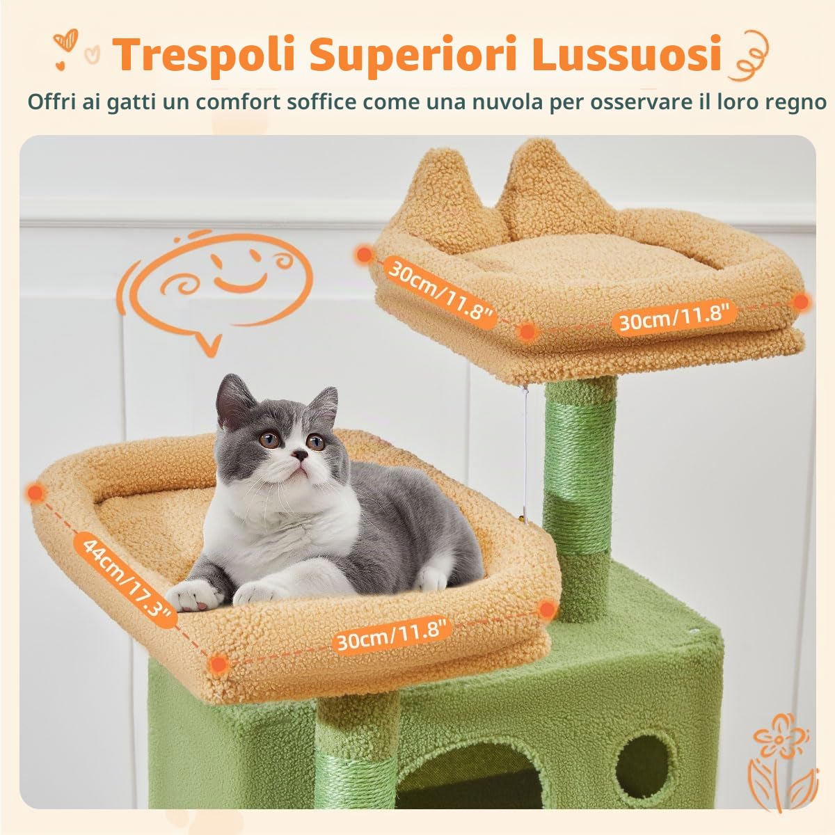 Taoqimiao Tiragraffi per Gatti, 180cm Stabile Tiragraffi per Gatti Adulti xxl con 2 Grotte,1 Amaca, 1 Cestini, 8 Pali Graffiatoi, 2 piattaforme, Materiale di Flanella Morbida, Verde MSC026L