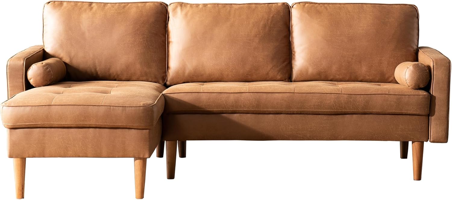 ovios L Shape Faux Leather Sofa with Chaise, MidCentury