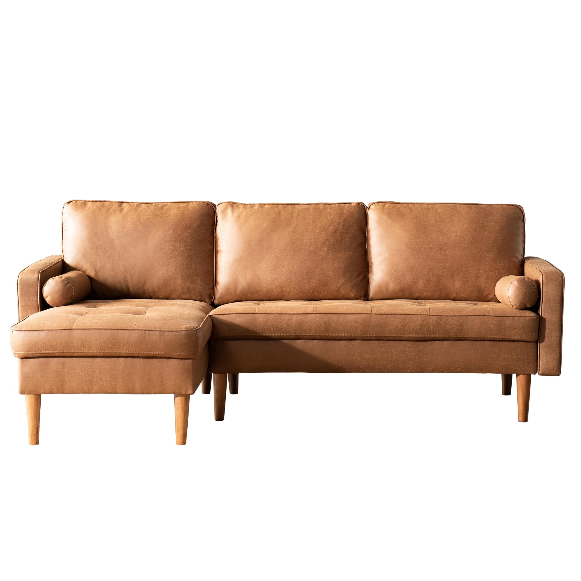 ovios L Shaped Sofa Couch with Chaise, 83" Leather Sofas, Brown