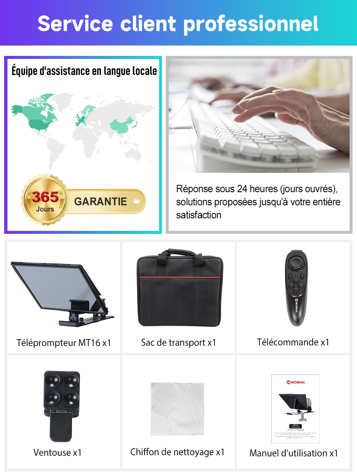 Moman MT16 Prompteur téléprompteur 16" compatible avec iPad/tablette/smartphone avec application et enregistrement à distance des appareils photo reflex numériques/caméras vidéo, prompteur vidéo