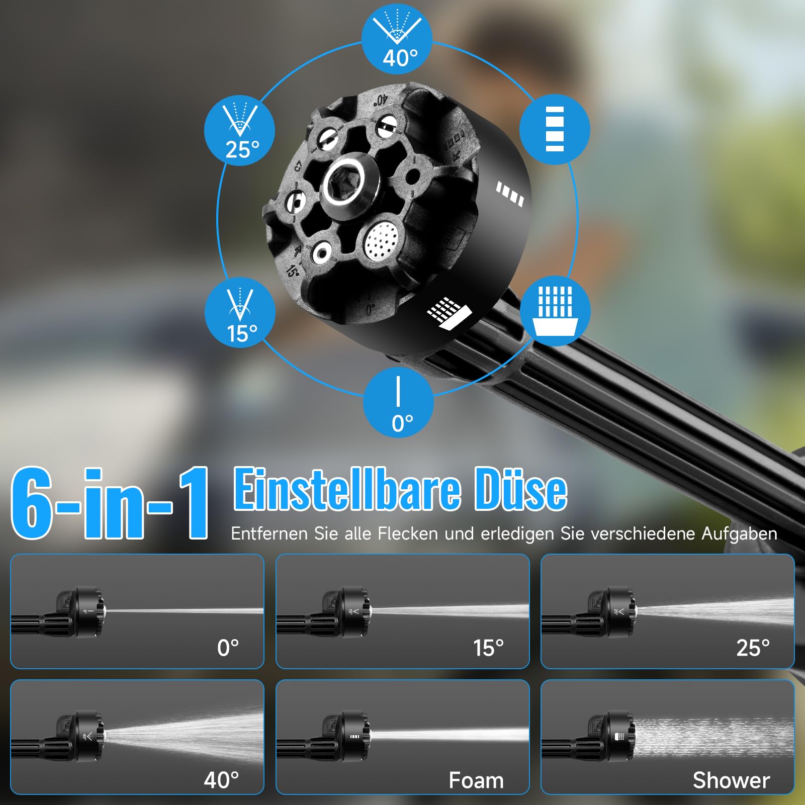 Hidrolimpiadora de Bateria, 3000W Hidrolimpiadora de Alta Presión Portátil, 120Bar/1750 PSI Pistola Agua Presion Bateria, Boquilla Ajustable6 En 1 con 2 Baterías de 21V 3000mAh Adecuado para Varios