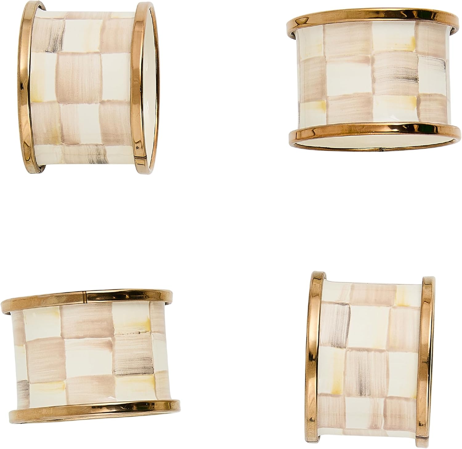 MACKENZIE-CHILDS Set of 4 Enamel Napkin Rings, Napkin-Holder Ring Set for Cloth Napkins, Brown-and-White Mocha Check