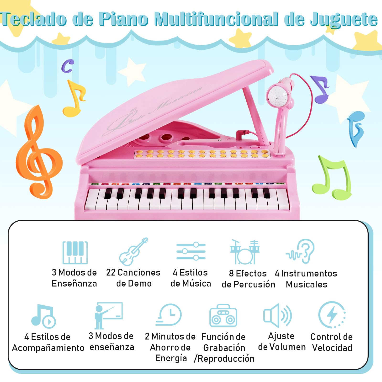 COSTWAY Piano Electrónico para Niños de 31 Teclas con Taburete, Teclado Piano Infantil de Multifunción Portátil con Micrófono, LED Modo de Enseñanza, Función de Grabación y Reproducción (Rosa)