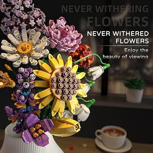 Miniatura 3 de Cihely Kit de bloques de construcción de ramo de flores, clavel 601248, proyecto de construcción de flores artificiales para liberar el estrés y