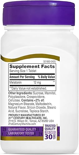 Miniatura 9 de 21st Century Melatonina - Tabletas de 12 mg de disolución rápida de máxima resistencia, (120 unidades) Ayuda para dormir para adultos, suplemento