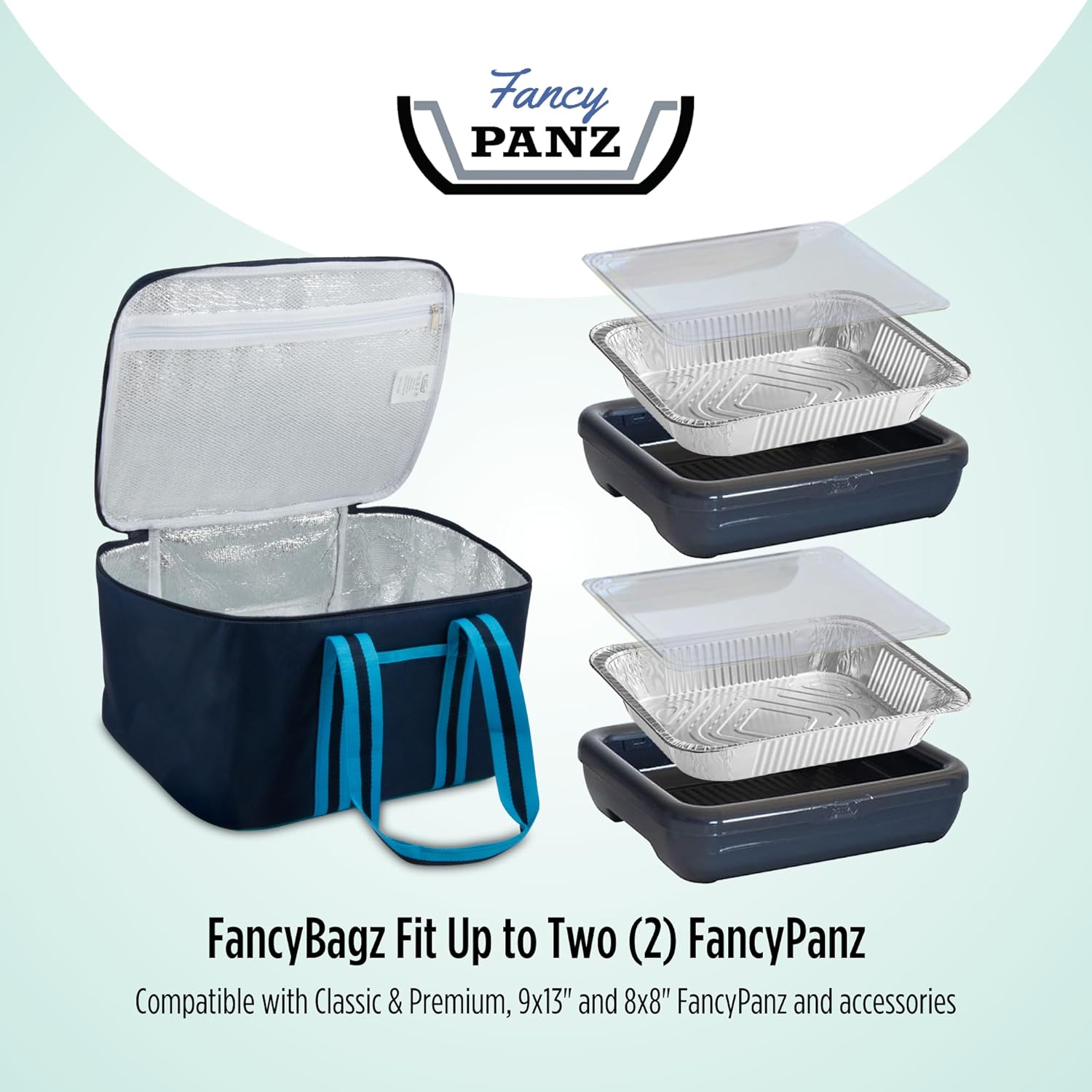 Fancy Panz Bundle - Navy Insulated Bag + White Premium Fancy Panz, Made in USA Foil Pan Carrier, Travel Casserole Carrier with Disposable Aluminum Pan, Hot/Cold Pack & Serving Spoon