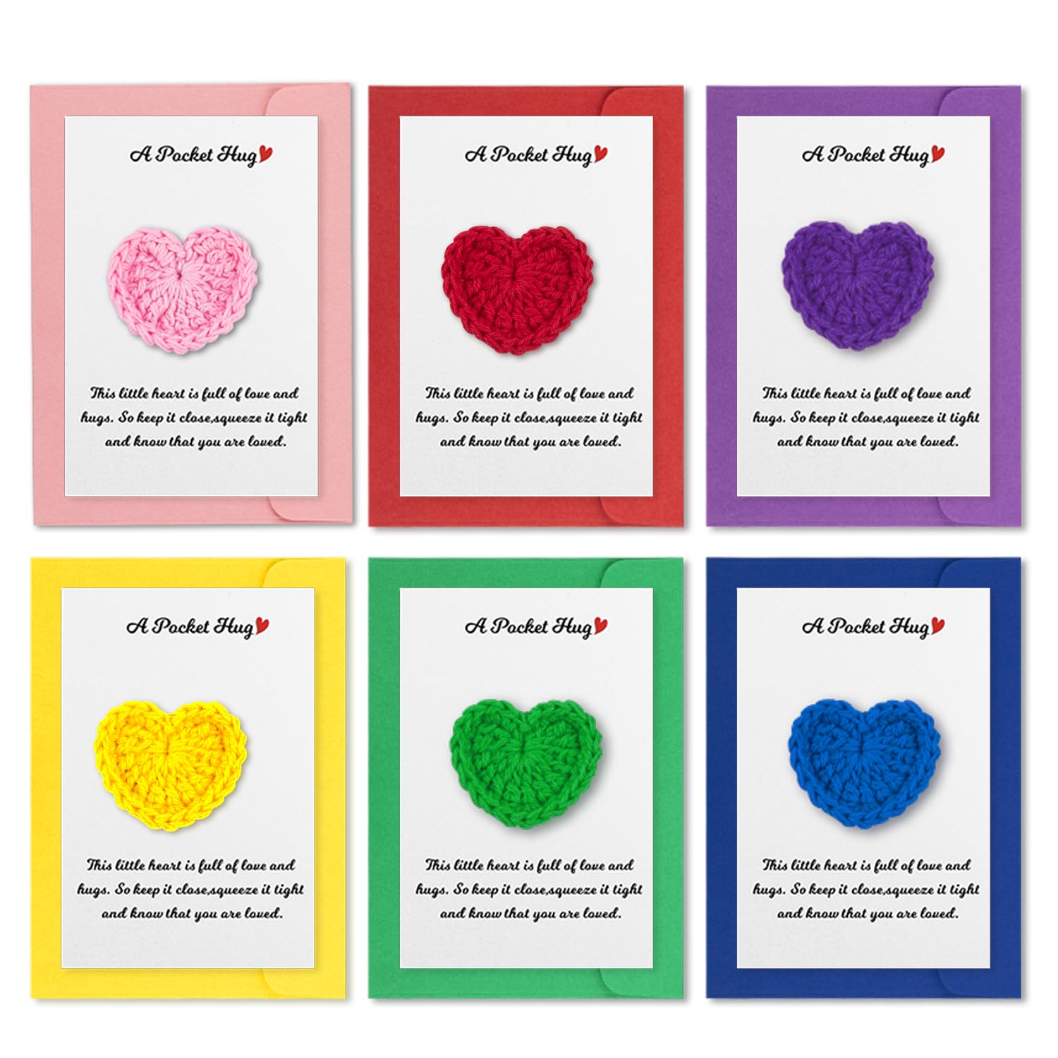 Set 32 Pocket Hug Con Cuori All'Uncinetto - Biglietti Di Incoraggiamento, Regalo Per Amici