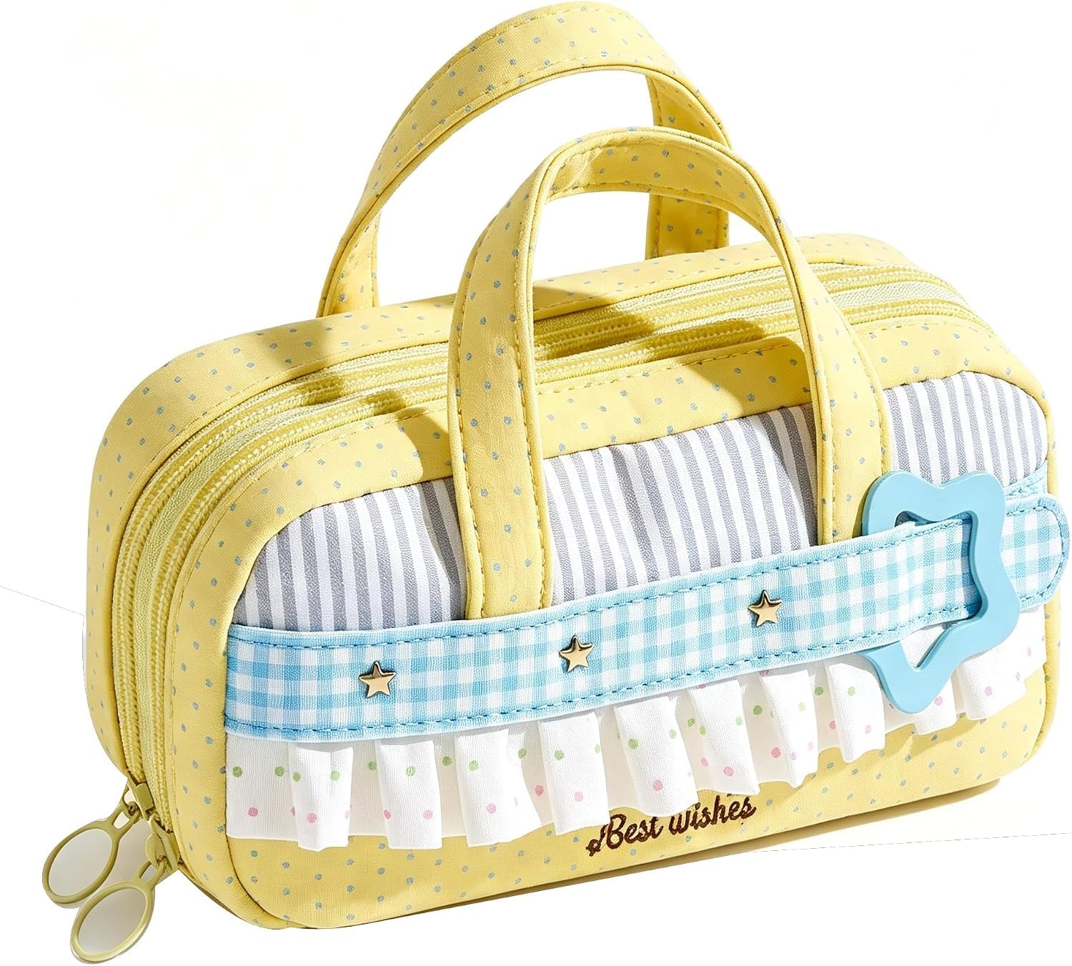 Cute Pencils Case with Handle,Polka Dot Pencil Pouch Organizer，Yellow