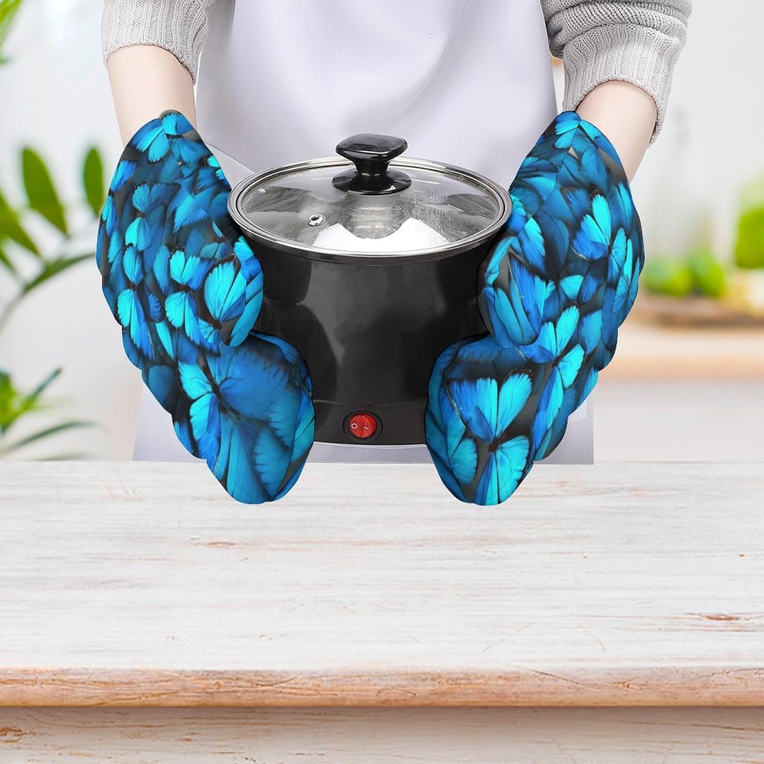 Oven Mitts 2 Pcs Kitchen Oven Glove Many Blue Butterfly Oven Mitt Non-Slip Oven Gloves for Cooking Heat Resistant Hot Pads for Microwave BBQ