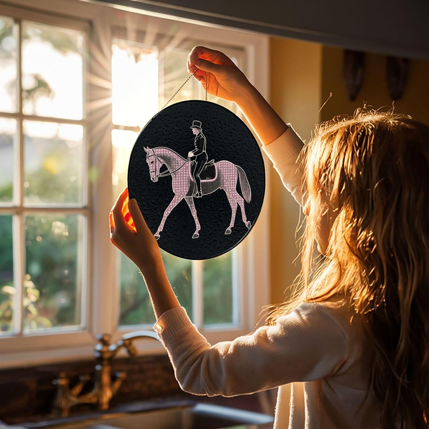Stained Glass Window Hanging 6in（15cm）, Dressage Dressage Rider Horse Glass Suncatcher for Home Decor, Indoor Wall Art Glass Panel with Metal Chain and Hooks, Sun Catcher Ornament Birthday Gifts