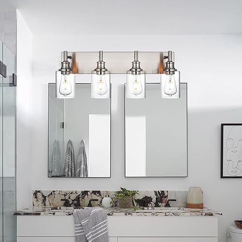 Miniatura 2 de 4 luces de tocador de baño, níquel cepillado, accesorios de iluminación de baño sobre espejo con vidrio transparente, aplique de pared industrial