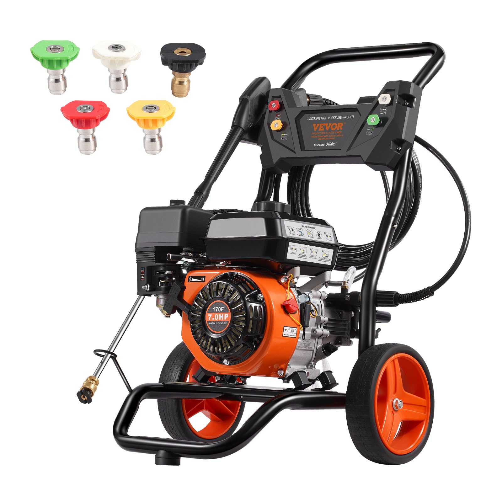 VEVOR Benzin-Hochdruckreiniger, 3400 PSI 2,6 GPM, Terrassenreinger 10 L/min mit Aluminiumpumpe, Hochdruckpistole & Verlängerungsstab, 5-Düsen-Set, für Autos, Zäune, Häuser, Terrassen, vertikal