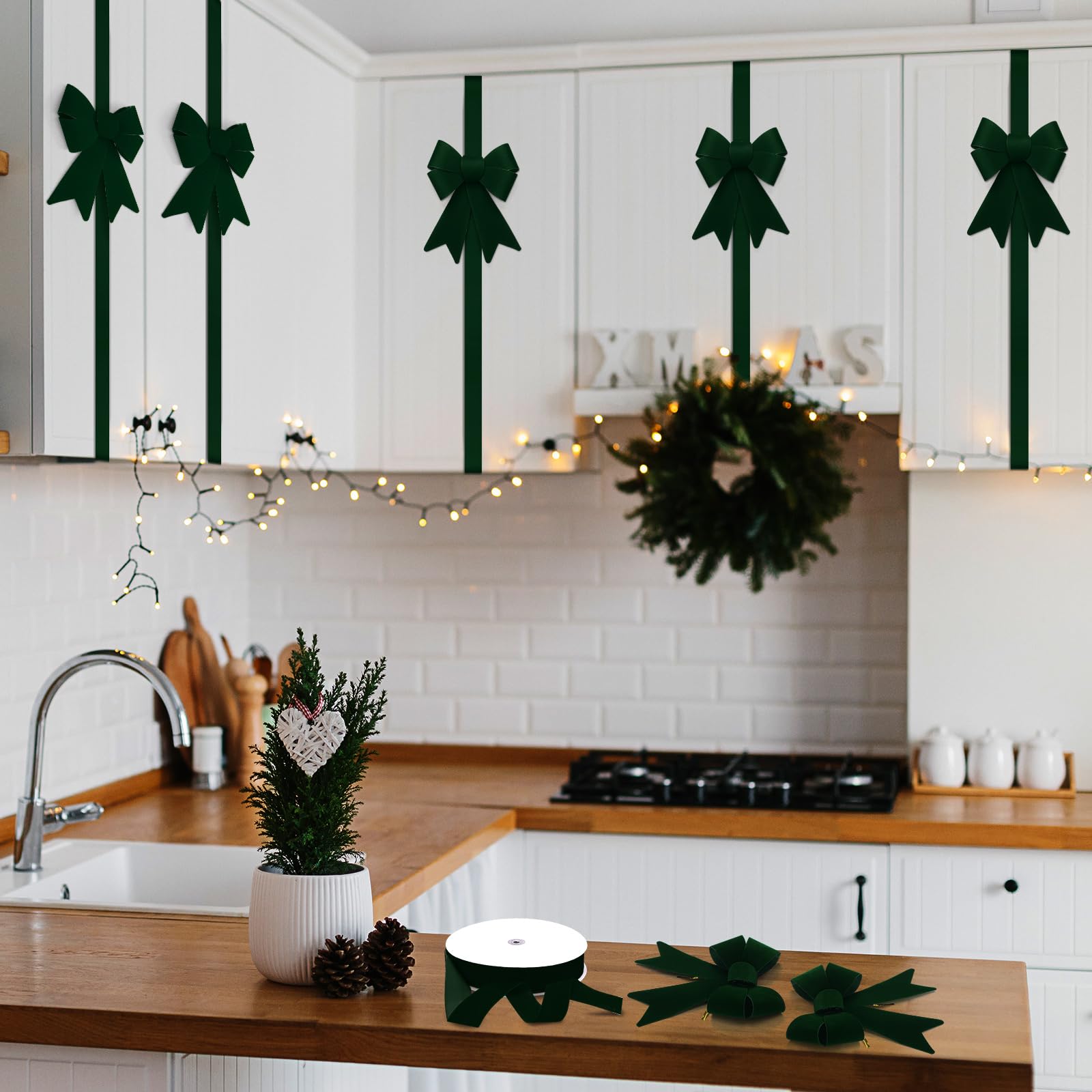 Daifunli 16 lazos de Navidad para gabinete, cintas grandes de terciopelo, lazos para puerta de armario, decoración de árbol de Navidad, suministros de cocina (verde, terciopelo)