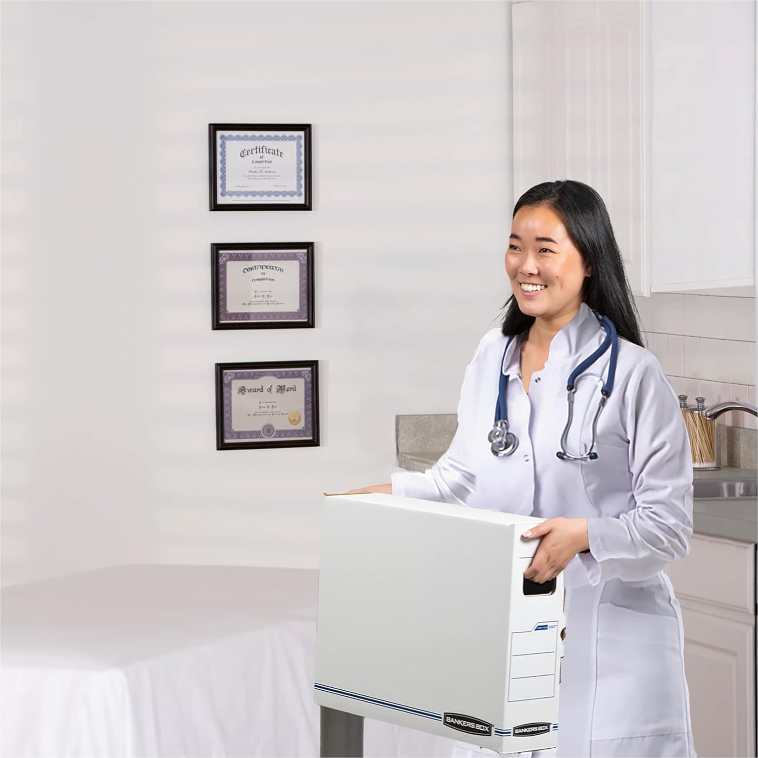 Bankers Box 12 Pack X-RAY Basic-Duty File Storage Boxes, Standard Setup, Secure Tab Lock Closure, White/Blue