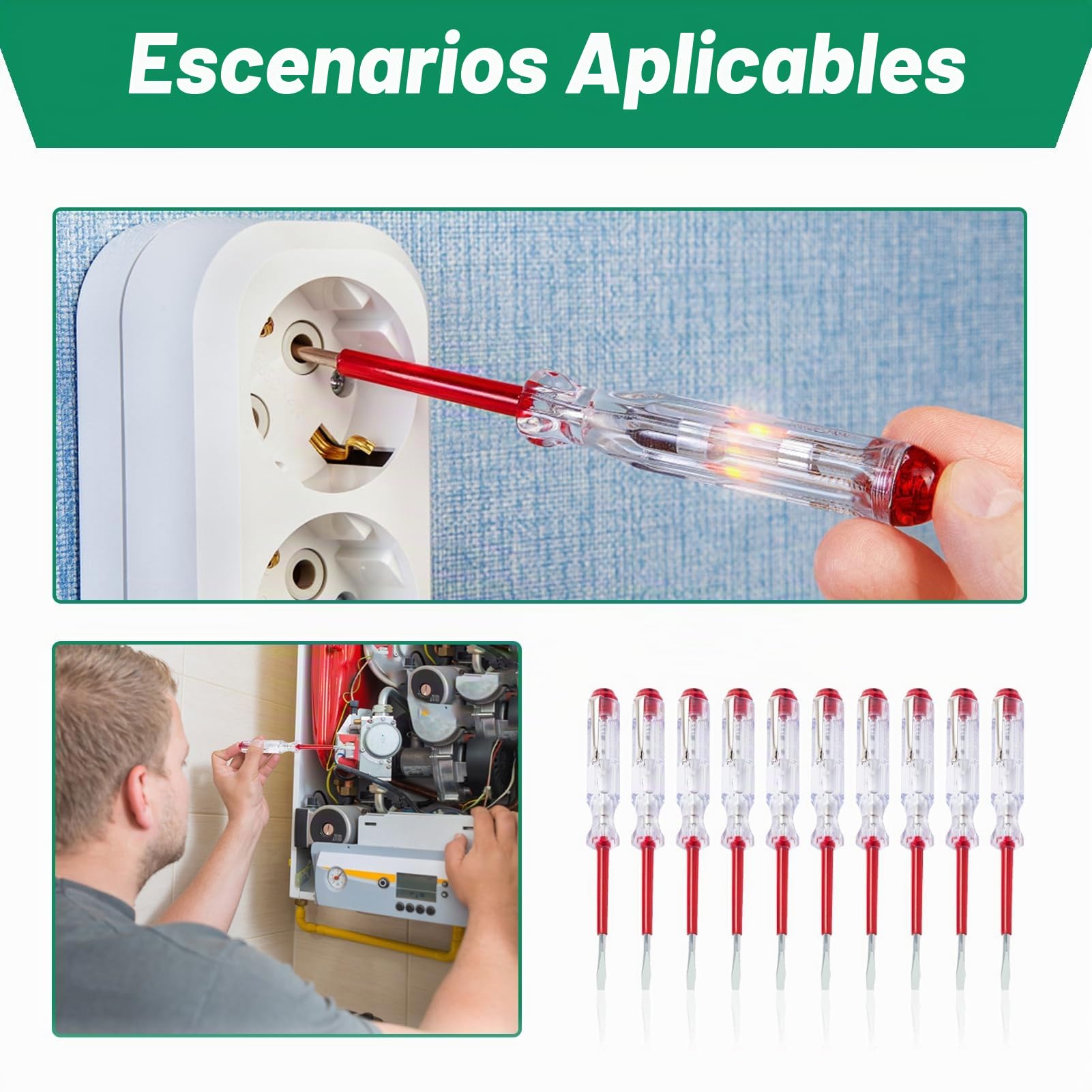 10 Piezas Destornillador Busca Polos, Buscapolos Electricista, Comprobador de fases, Mains Tester No Contacto, 100-500V, Herramientas de Seguridad para Electricistas, Clip de Sujeción Incluido