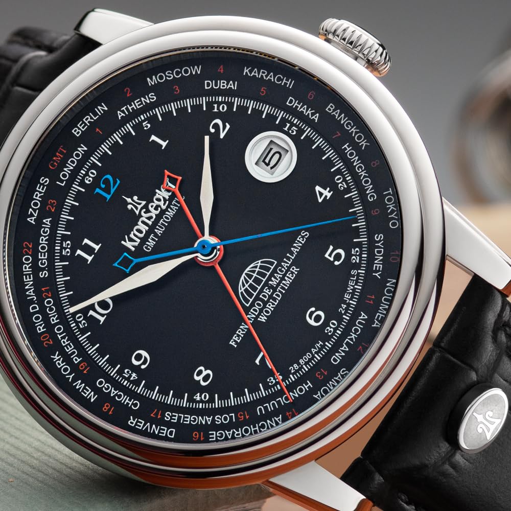 Kronsegler Fernando de Magallanes Herrenuhr Stahl - schwarz | Automatikuhr mit True GMT - zweite Zeitzone | mit Saphirglas, Lederband und Faltschließe