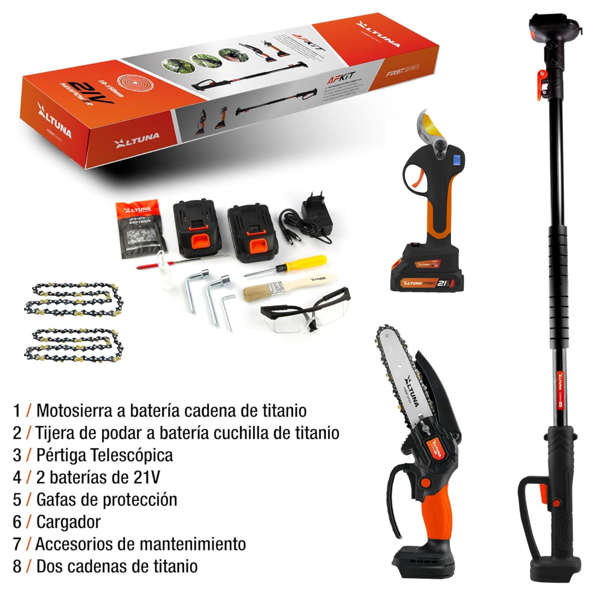 Altuna Kit de Poda a Batería de Titanio - Motosierra a Batería + Tijeras de Podar Eléctricas + Pértiga Telescópica - Incluye 2 Baterías - Pértiga de 1,63m para Poda en Altura - Con Cargador y Gafas