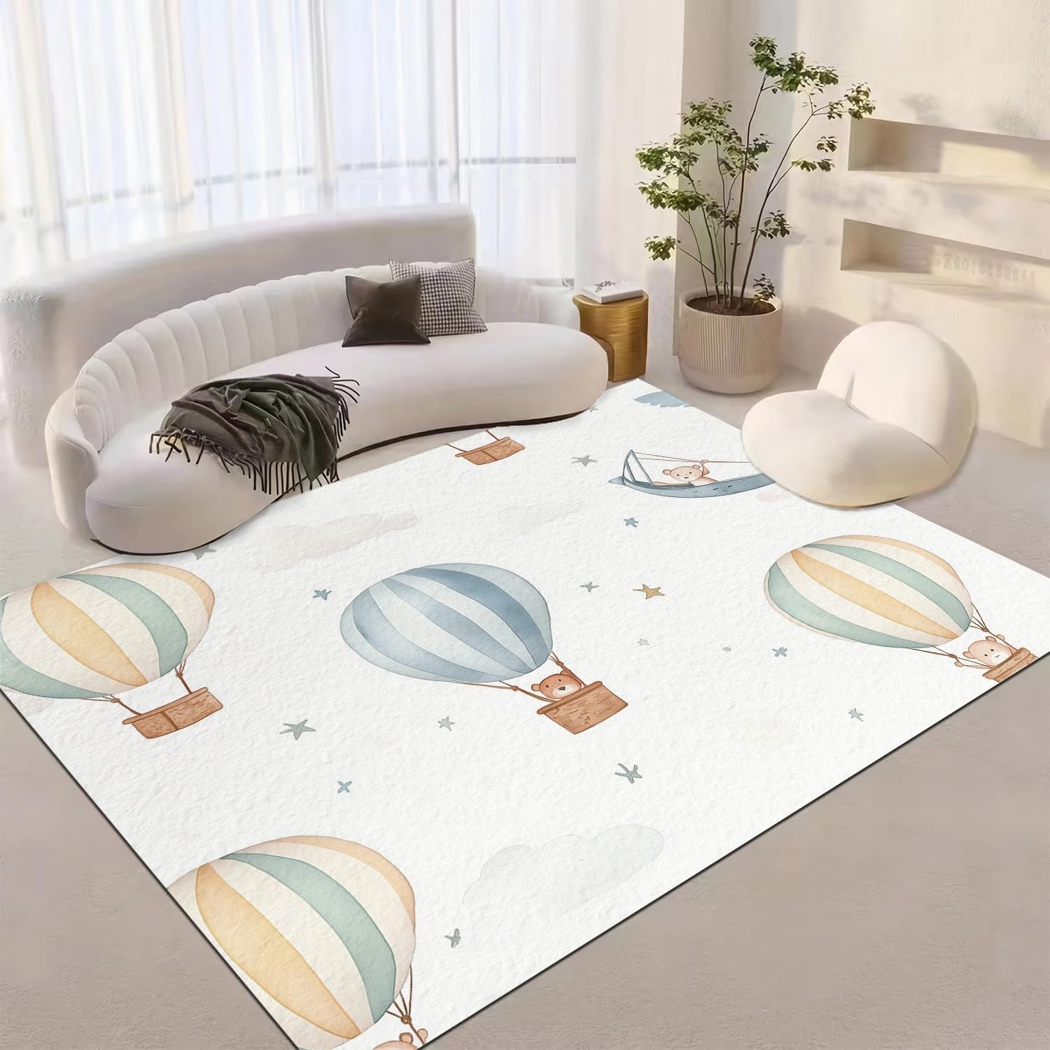 Cartoon Hot Air Balloon Machine Washable Rug 4x6 ft White Patterned Large Rug & Washable Non Slip Indoor Floor Carpet & Home Decor