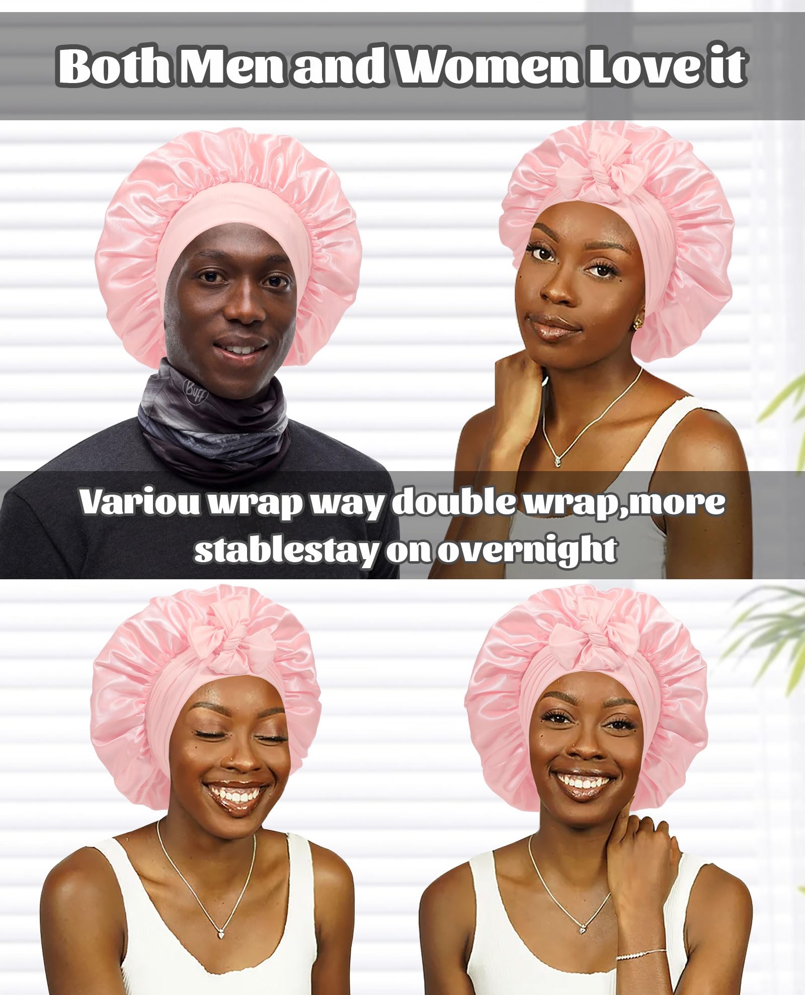 Satin Bonnet Silk Bonnet for Sleeping Silk Sleep Cap Double Layer Hair Bonnet with Elastic Tie Band for Curly Hair Night Cap: Apricot Powder+Champagne