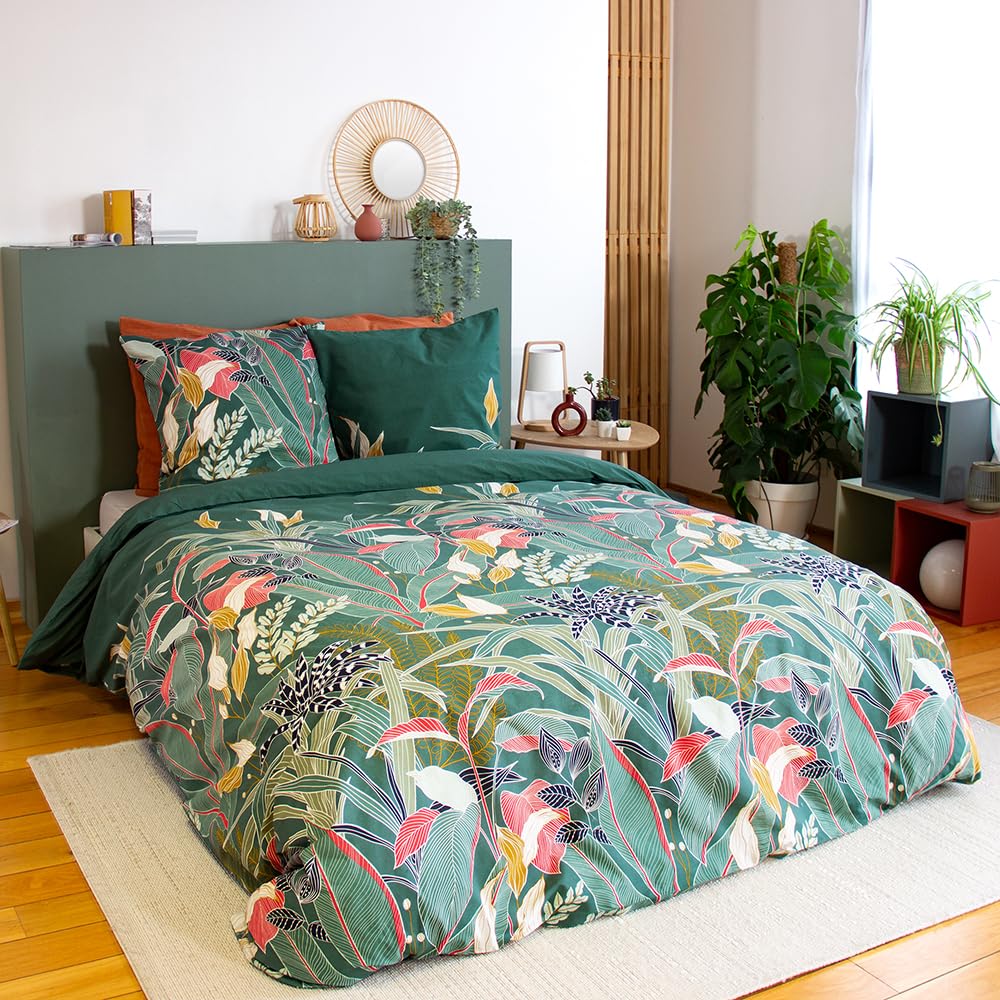 Coste Deco - Set di biancheria da letto per adulti, 220 x 240 cm, in cotone, motivo tropicale, colore: verde