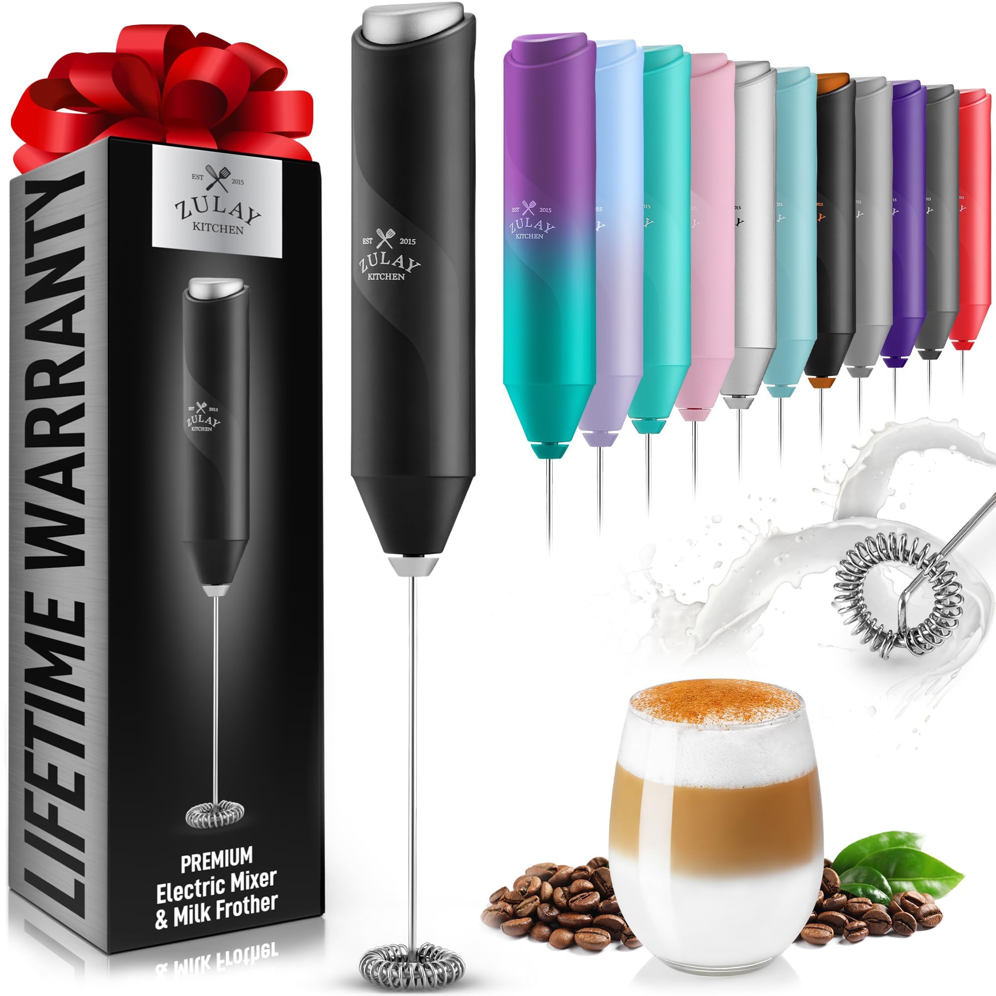 Zulay Kitchen Powerful Milk Frother Wand - Mini Handheld Stainless Steel - Battery Operated Drink Mixer for Coffee, Lattes, Cappuccino, Matcha - FrothMate Gift