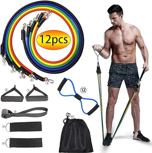 OTAN Juego de 12 bandas de resistencia empaquetadas con anclaje de puerta, asas, bolsa de transporte impermeable, correas de tobillo para