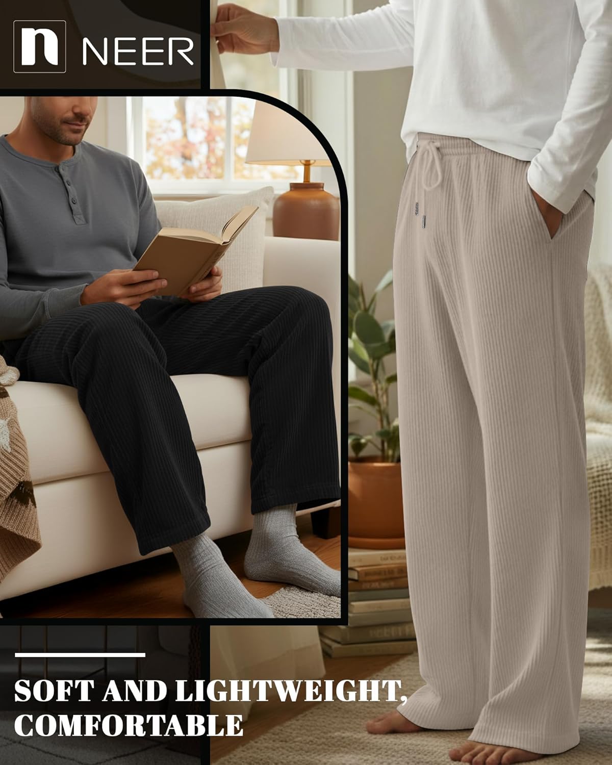 Neer 3 Pack Men's Corduroy Pants Causal Straight Leg Sweatpants Loose Drawstring Elastic Waist Baggy Lounge Pants Pockets - Image 4