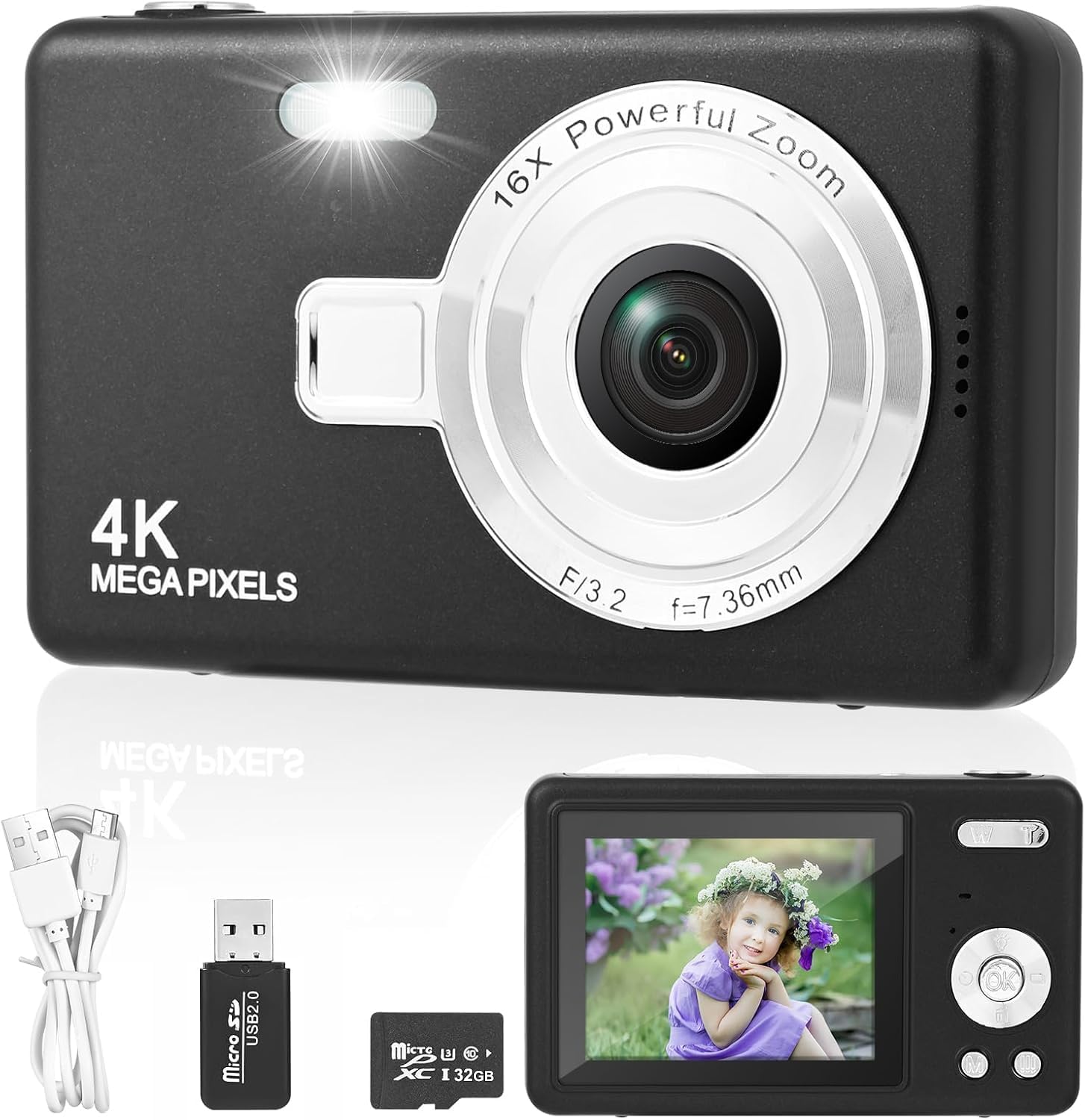 Digital Camera – 1080P FHD 44MP with 2.4″ LCD Screen Compact Portable Vlogging Photo Camera with 32gb SD Card 16X Digital Zoom for Kids Teen Students Beginner