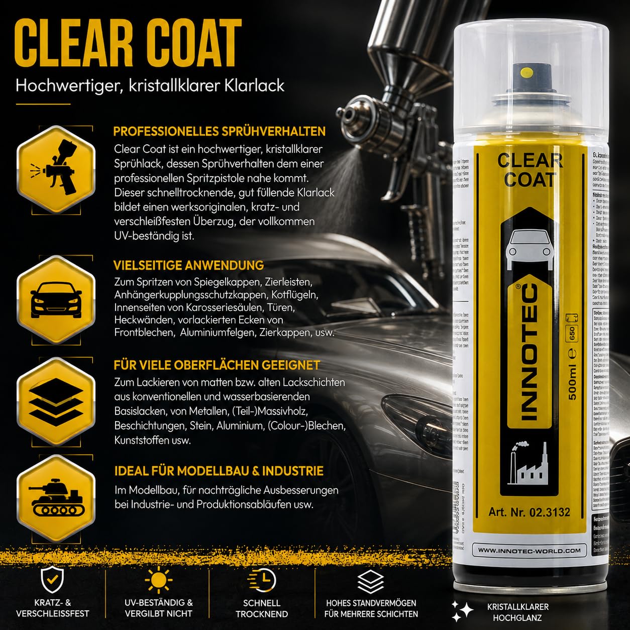 4 Stück Innotec Klarlack Clear Coat - transparent glänzend - für ein glänzendes Finish - zum Fixieren und Schützen der Lackierung - Klarlack Spray - glänzender Autolack - schnelltrocknende - 500ml
